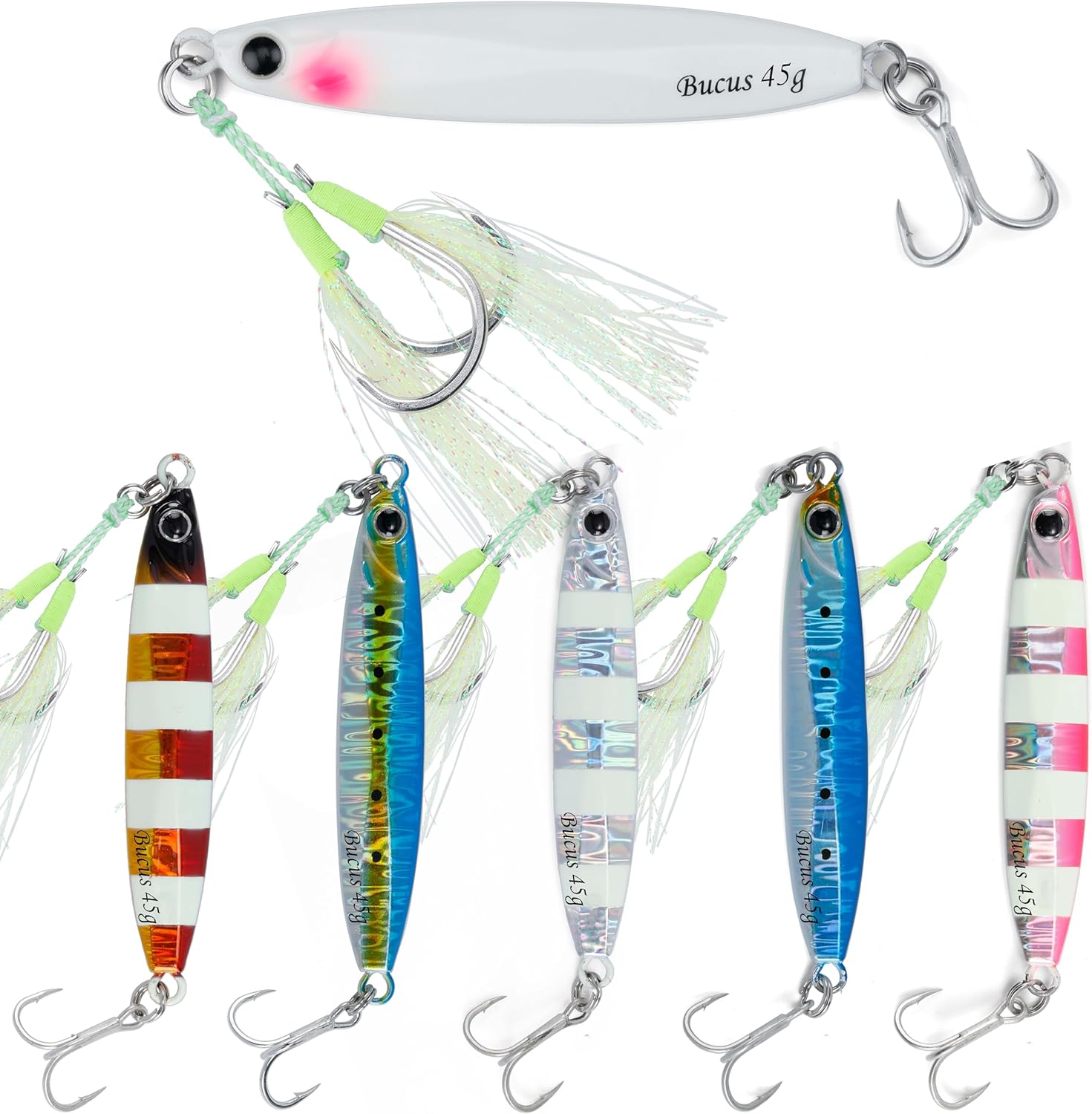 Saltwater Fishing Lures Metal Jigs Vertical Jigging Lure with Treble & Double Assist Hooks, 35-100g 6 pack Laser Glow Spoon Speed Sinking Slow Pitching Jig Offshore Targeting Tuna Mahi-Mahi Yellowtail