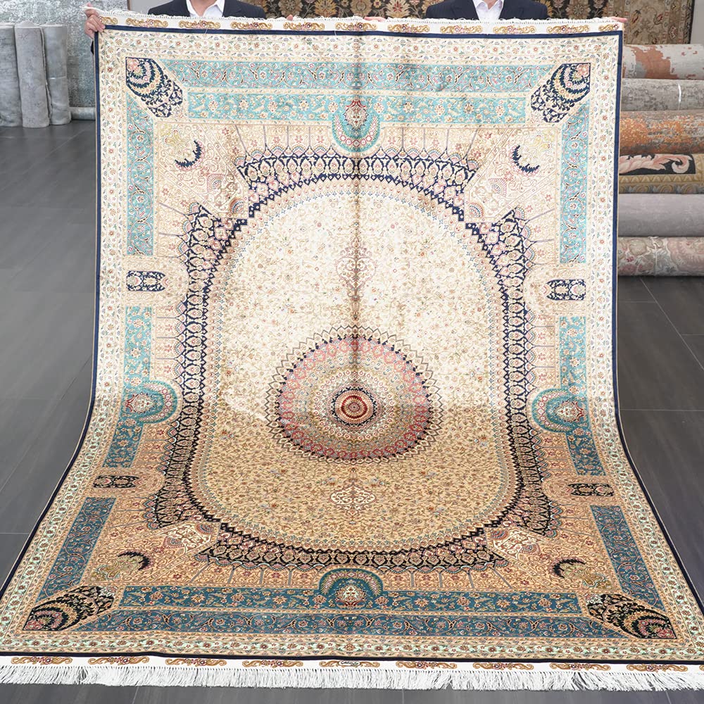 Yuchen Carpet Oriental Silk Rug 6x9 Blue Hand Knotted Traditional Vintage Luxury Silk Area Rug for Living Room