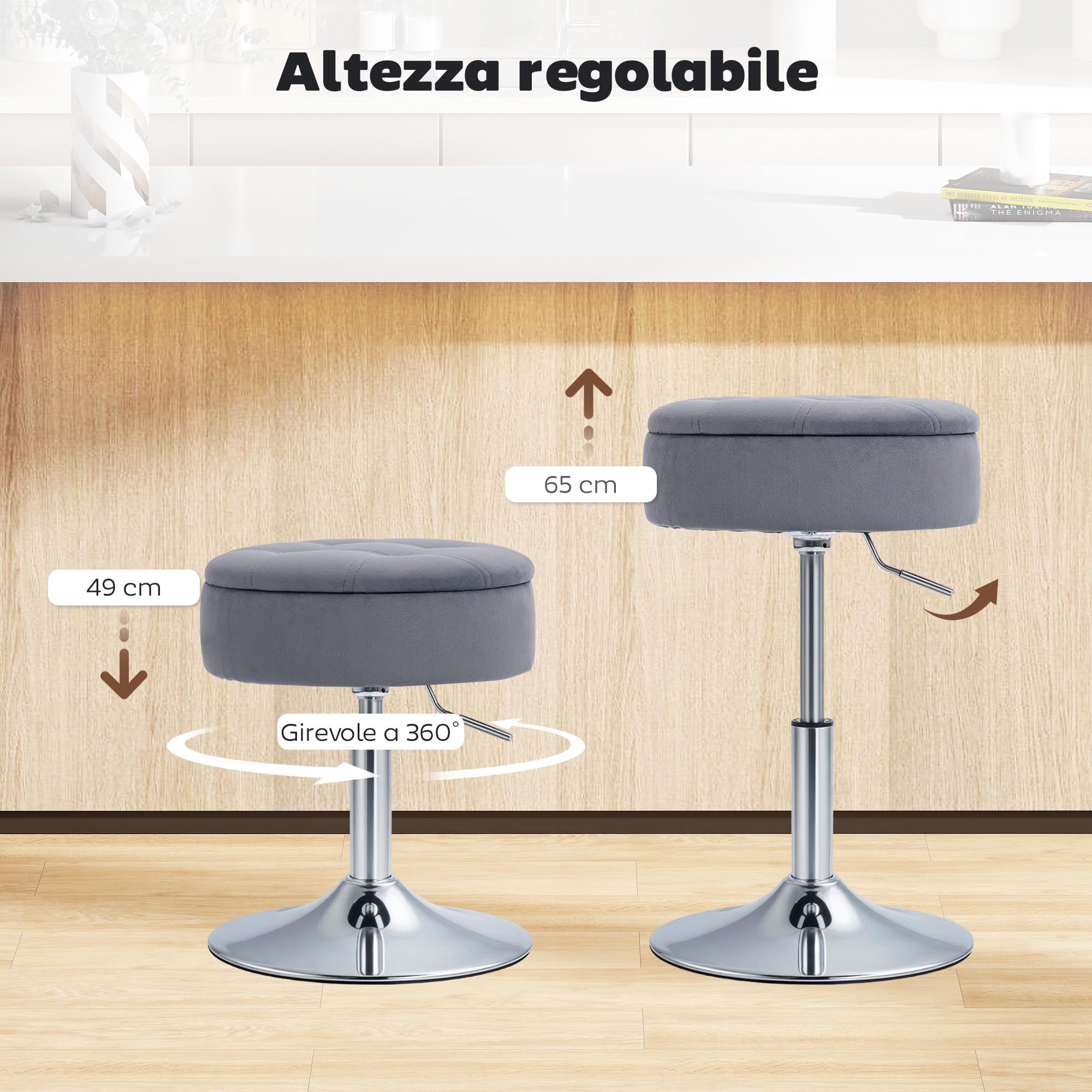 HOMCOM Sgabello da Bar con Altezza Regolabile e Vano Contenitore, Grigio