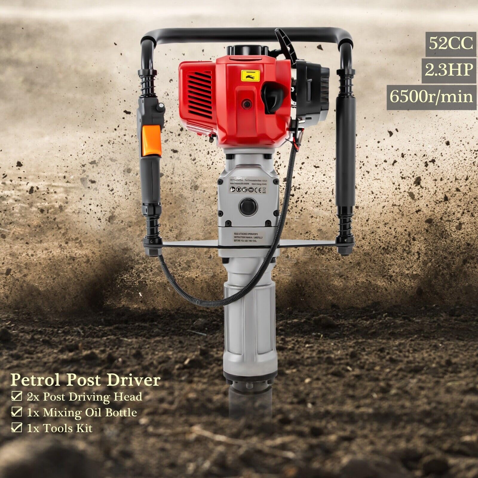 2-Takt-Benzin-Ramme 2.3hp Tragbare T-Pfahl-Ramme 52CC Ramme für Zaunbau mit 2 x 55-70mm Gehäuse für effizienten Zaunbau