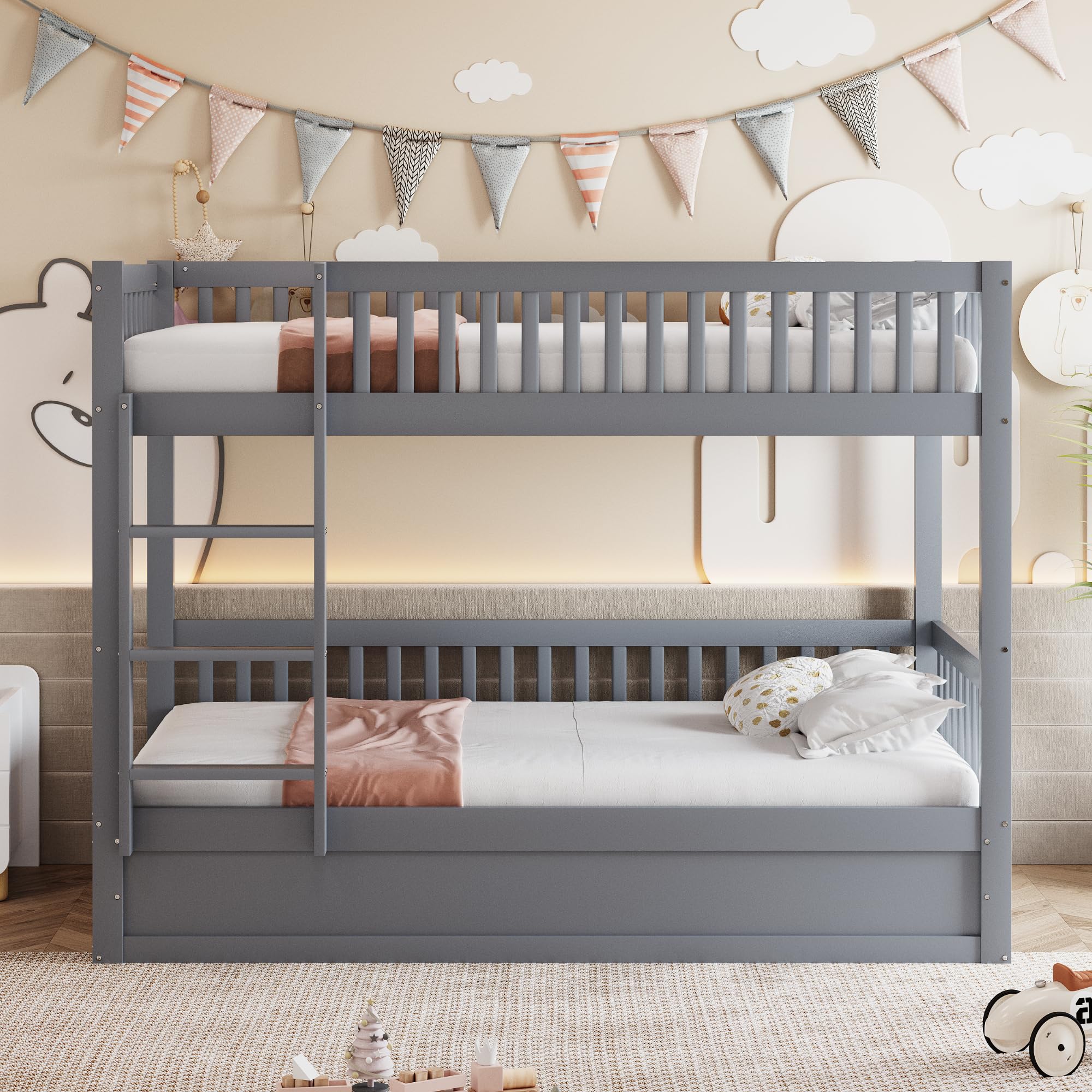 Idemon Letto a castello per bambini 90 x 200, letto idraulico in legno massiccio, stabile e durevole, con vano portaoggetti, letto per ragazzi (grigio)
