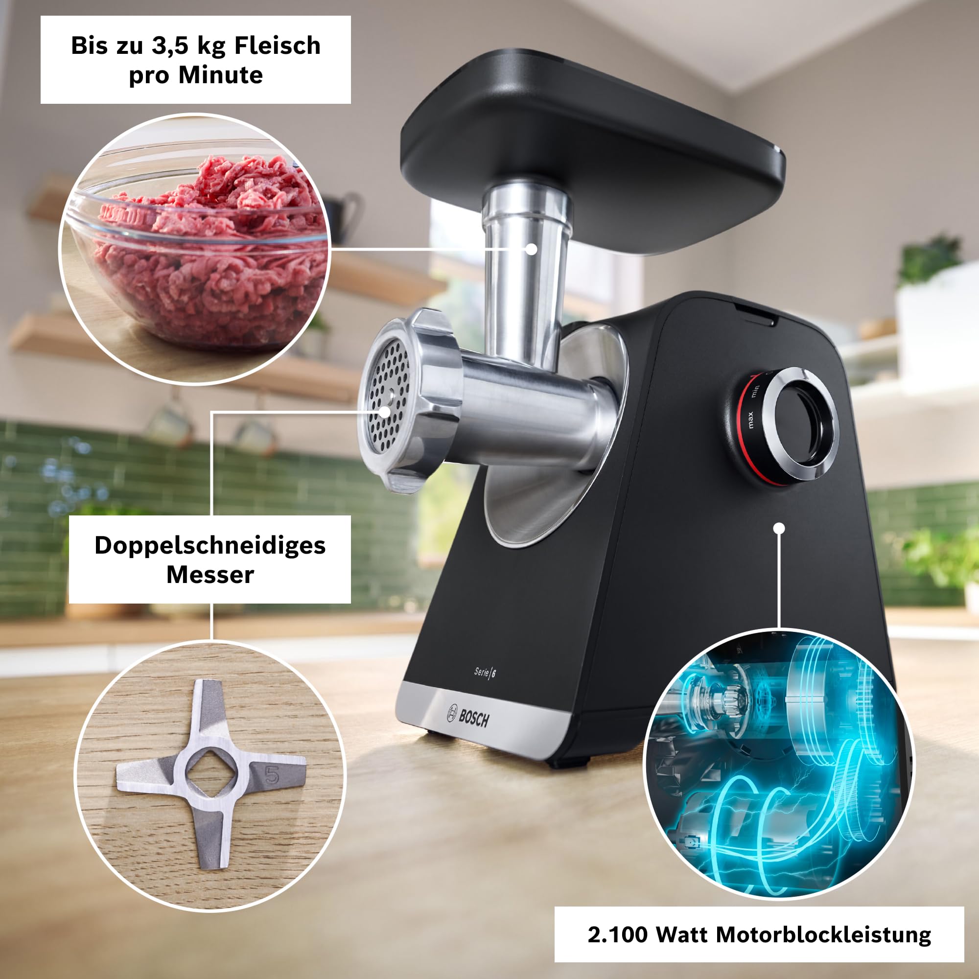 Bosch Fleischwolf Serie 6, 3 Lochscheiben (3, 4,5/8 mm) Edelstahl, spülmaschinenfest, Entsafter, Wurst-/ Kebbe-Aufsatz, elektrisch, stark, kompakt, 2.100 W, schwarz, MultiPower MFWS650B