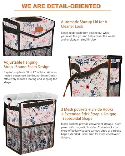 Vista 16 de Bote de basura para automóvil con tapa, bonito cubo de basura a prueba de fugas para colgar el vehículo, pequeño organizador portátil para asientos