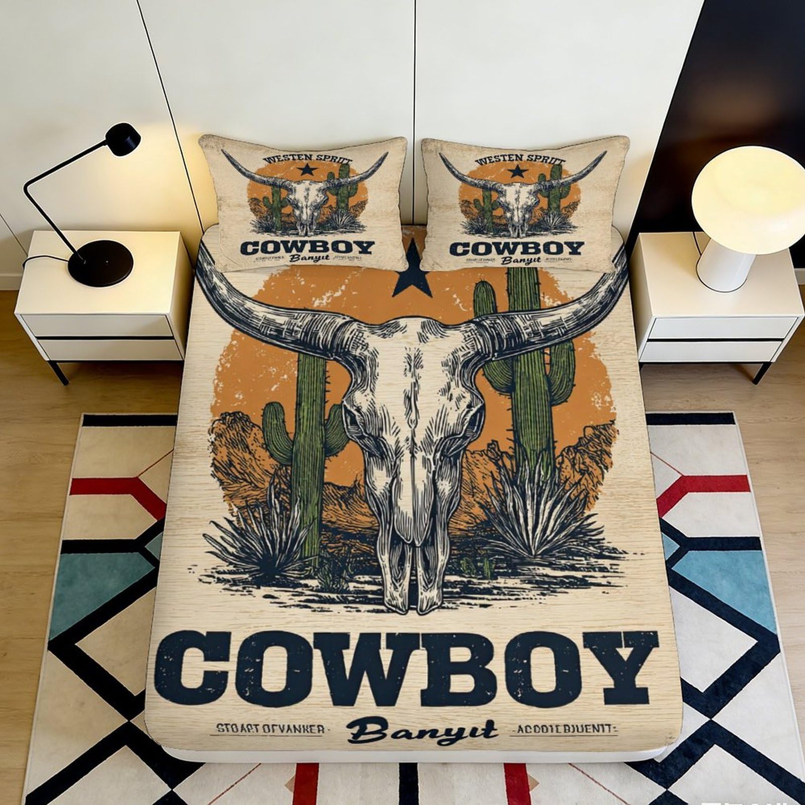 3D Printed Western Cowboy Skull Fitted Sheet Microfiber Soft Bed Cover Desert Cactus for Bedroom Guest Room Decor 90x200x25cm