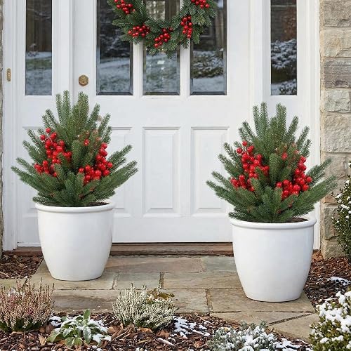 Garvee 21.6" Artificial Topiary Trees with Spike Set of 2, Topiary Plants with Metal Ground Spike Faux Topiary Tree Outdoor Indoor Front Porch Garden