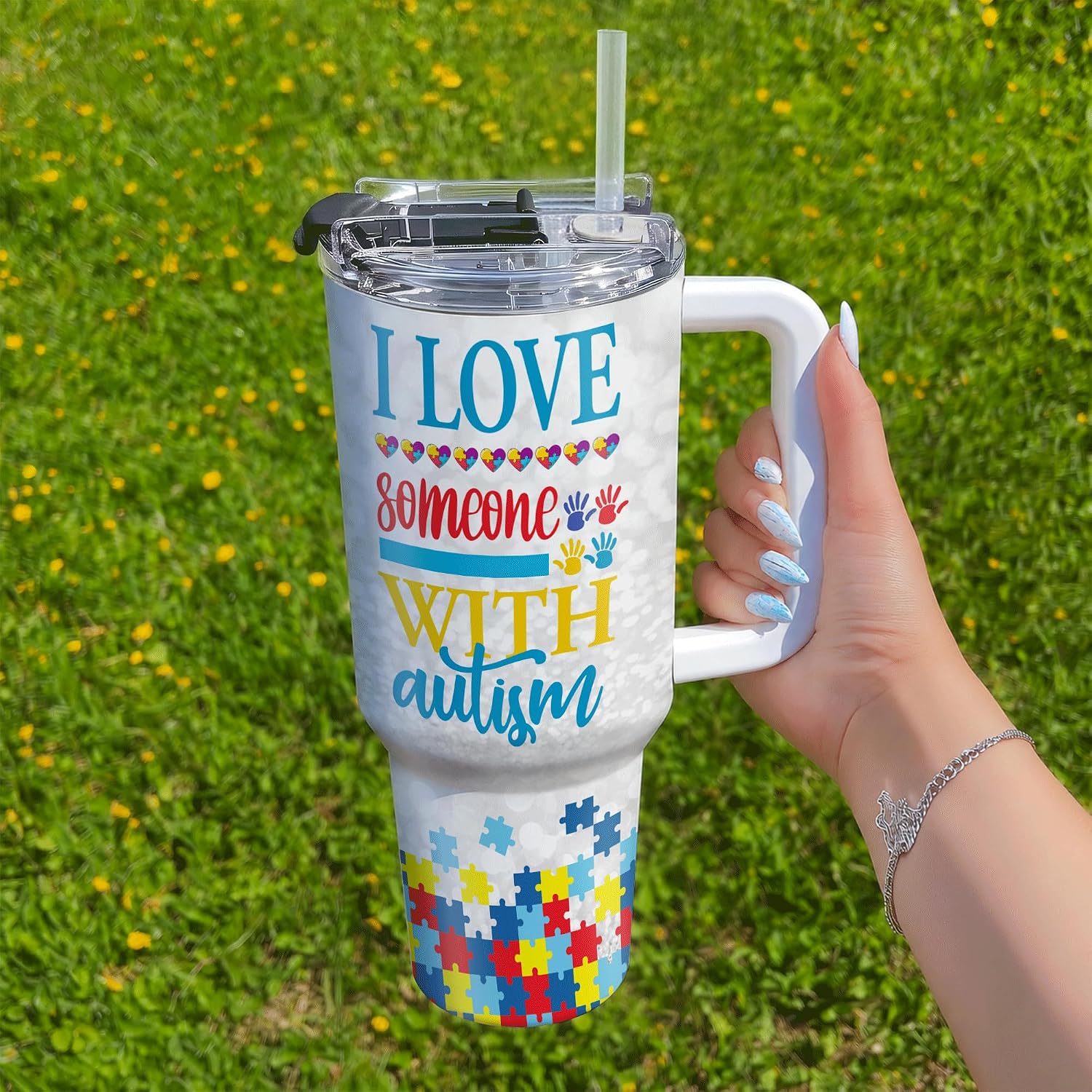 Hyturtle Personalized Autism Awareness 40oz Tumbler with Handle & Straw Gifts for Women - Birthday Mothers Day Gift For Her - Autism Mom Gifts Custom Insulated Stainless Steel Travel Cup With Lid