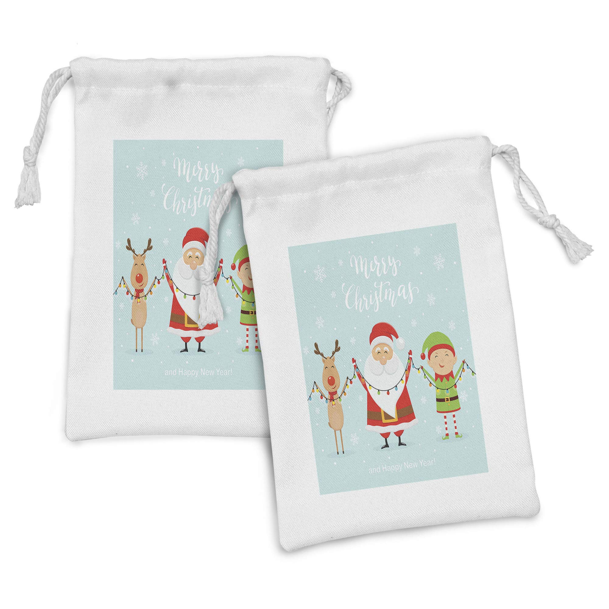 Ambesonne Elf Fabric Pouch Set of 2, Santa with Little Reindeer and a Boy Holding Ornaments Merry Christmas, Small Drawstring Bag for Toiletries Masks and Favors, 9" x 6", Pale Blue and Multicolor