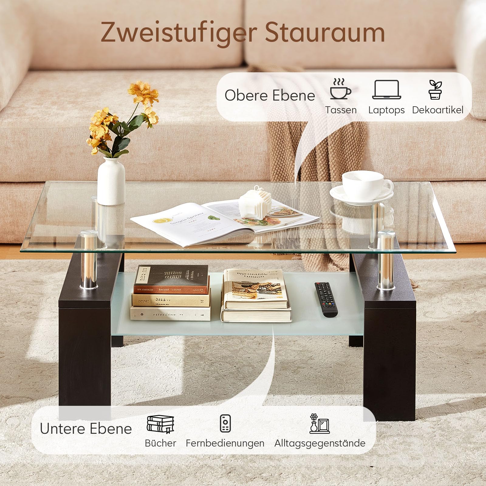 TUKAILAI Couchtisch Glas Modern Rechteckiger Wohnzimmertisch Couchtisch mit unterer Ablage, Beistelltisch Glastisch für Wohnzimmer, Gäste, Empfang, Zimmertisch, Schwarz,100x60x45 cm