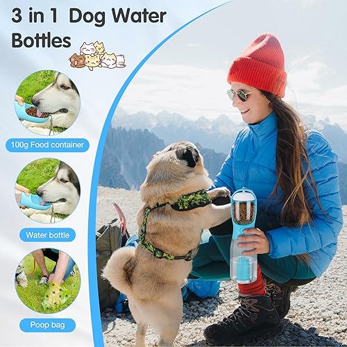 Miniatura 2 de Botella de agua para perros, dispensador de botella de agua portátil 3 en 1, botella de agua de viaje para perros de gran capacidad de 12 onzas para
