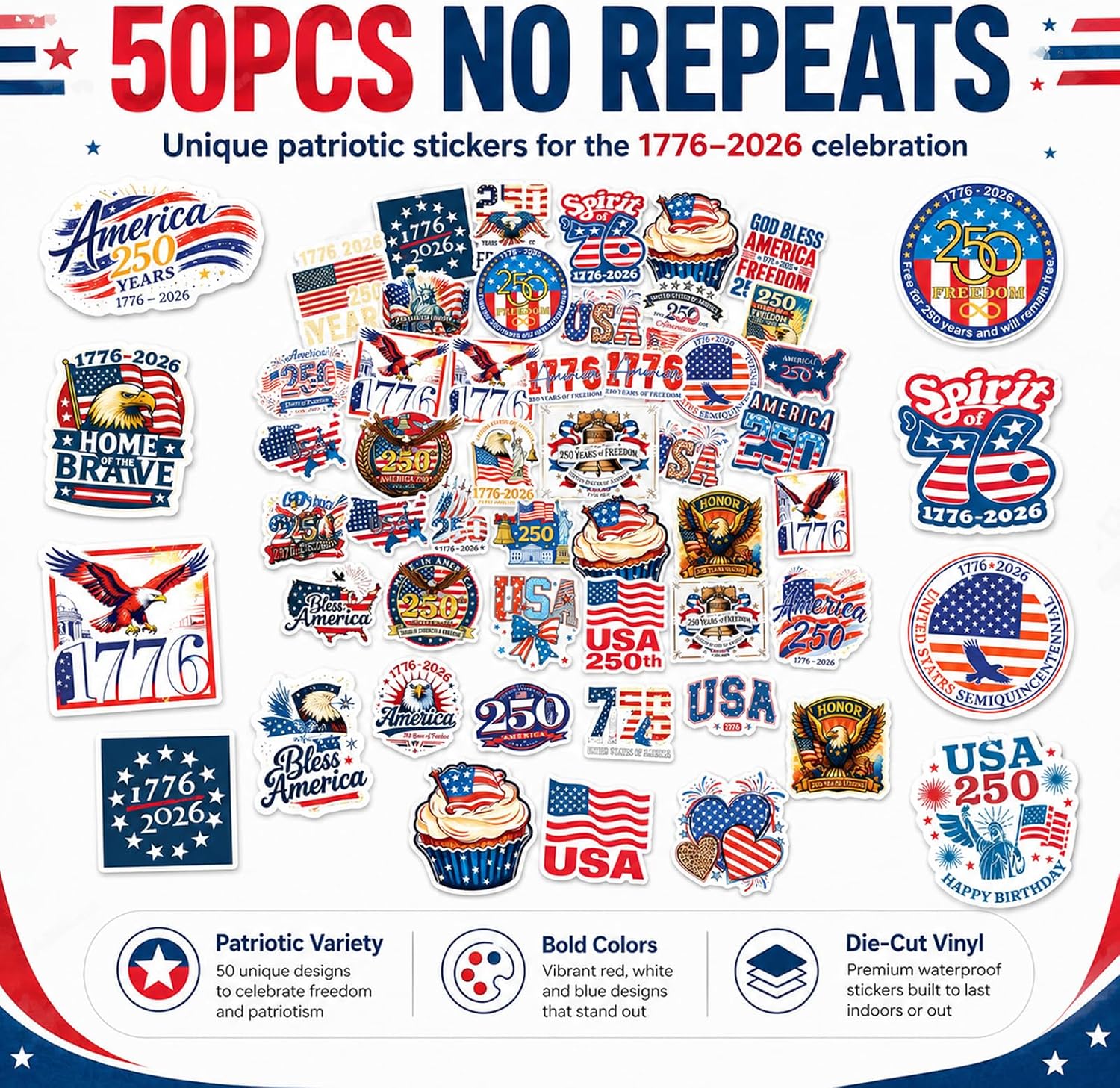 50Pcs 250 Anniversary USA Stickers,250th Anniversary Stickers image 3