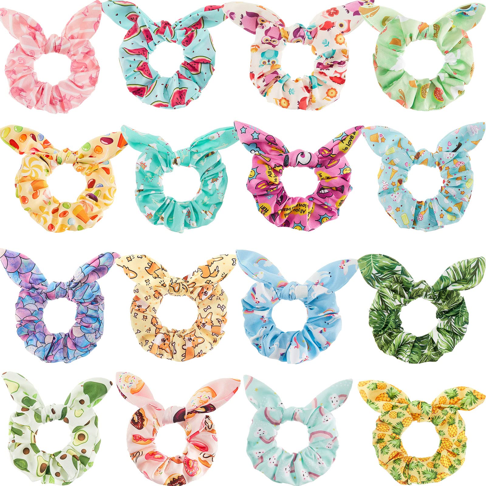 16 Pieces Cute Hair Scrunchies Kawaii Colorful Cute Unicorn Rainbow Mermaid Dog Printing Scrunchy Ponytail Holder Hair Ties Accessories for Women and