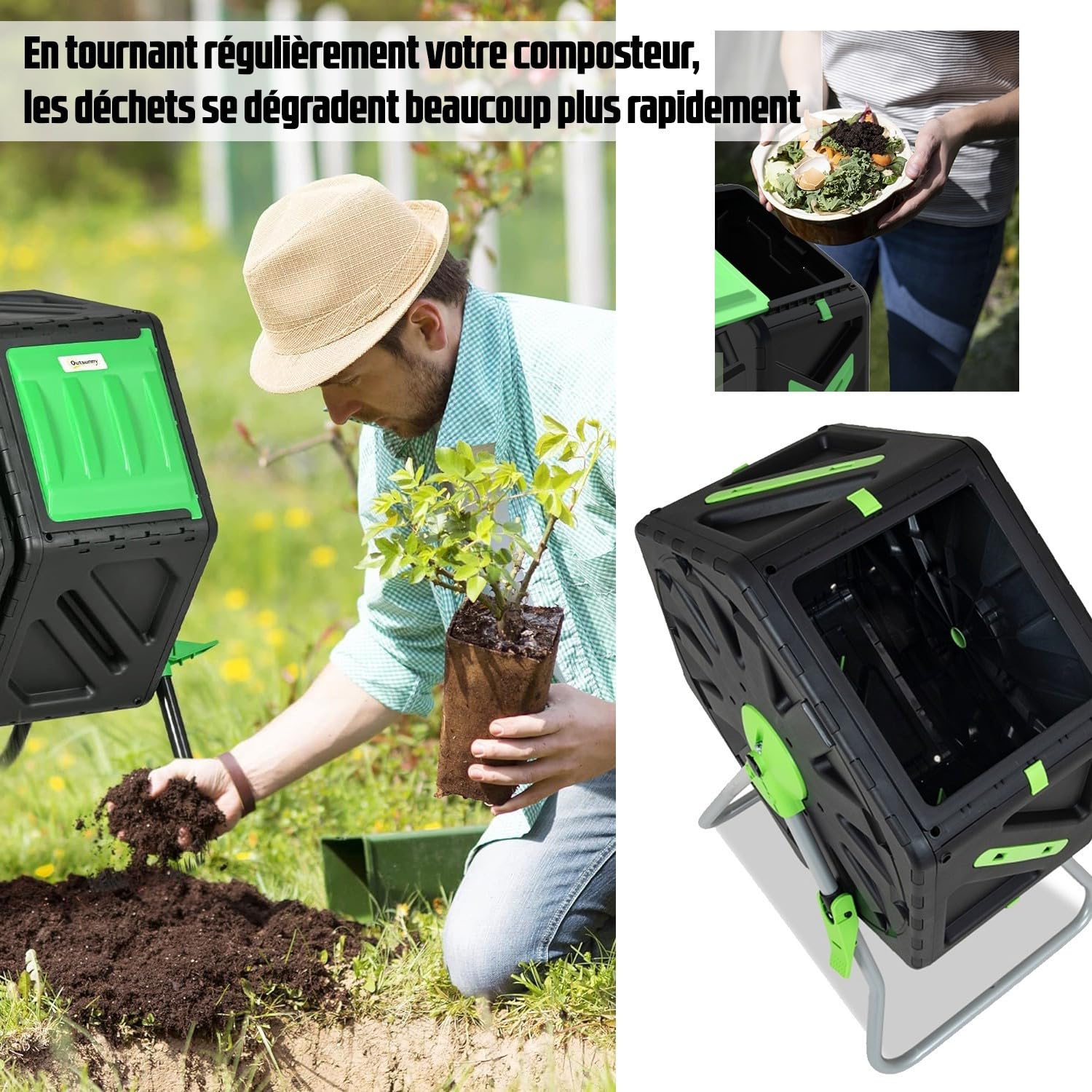 Composteur Domestique de Jardin, Bac à Compost Rotatif 360 de 70L - décomposition Rapide des matières organiques pour Engrais