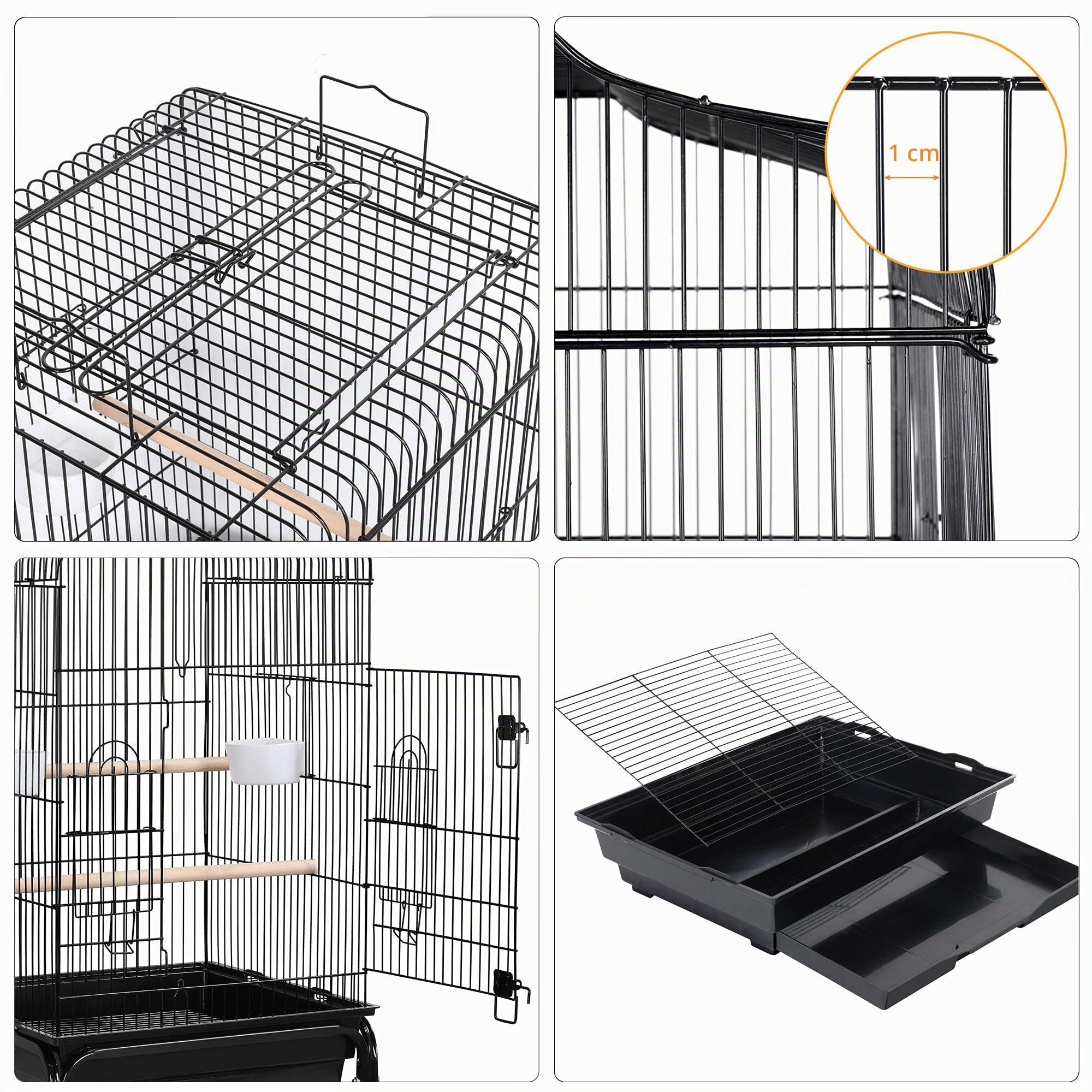 Yaheetech Gabbia per Uccelli Pappagalli Inseparabili Calopsite in Metallo con Carrello Rotelle Voliera per Uccelli con Tetto Apribile Nera 46 x 46 x 119 cm