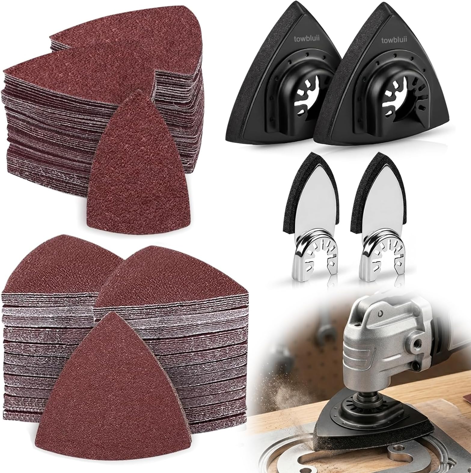 Towbluii Multitool Sanding Pads for Detail Wood Finishing, Multi-Grit Assorted Sandpaper with Triangle & Finger Attachments, Durable Hook and Loop Sanding Sheets for Furniture & Edge Work（105p