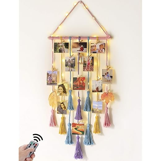 Room Decor for Teen Girls, Hanging Photo Display Macrame Picture Collage Wall Decor, Boho Decor for Bedroom Apartment Dorm Room with Remote String Light, Christmas Birthday Gifts for Teenage Girls