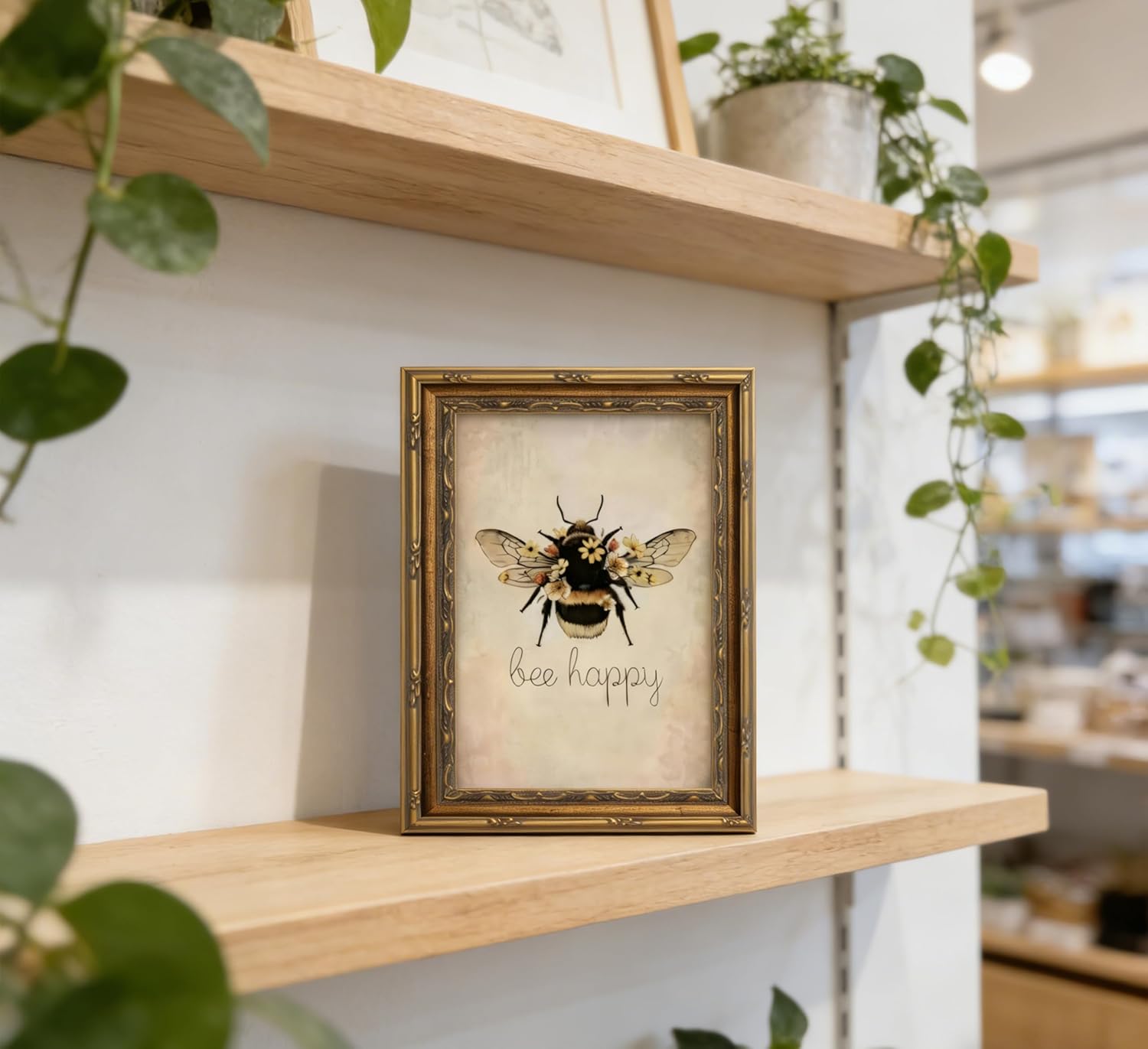 Gold Framed Vintage Bee Canvas Wall Art Retro Style Bee Happy Floral Painting Picture Wall Decor Animal Nursery Decor Poster Print Artwork for Living Room Bedroom Decor Home Decoration
