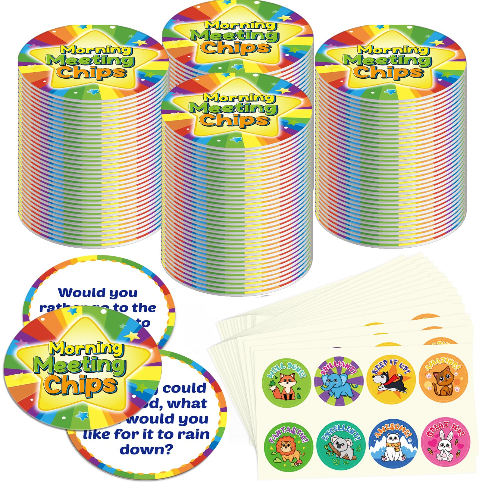 50 Morning Meeting Chips for Kids & 200 Reward Stickers for Students,Conversation Starter Cards,Improve Communication,Listening,Vocabulary Social Skills,Classroom Must Haves,Teacher Supplies