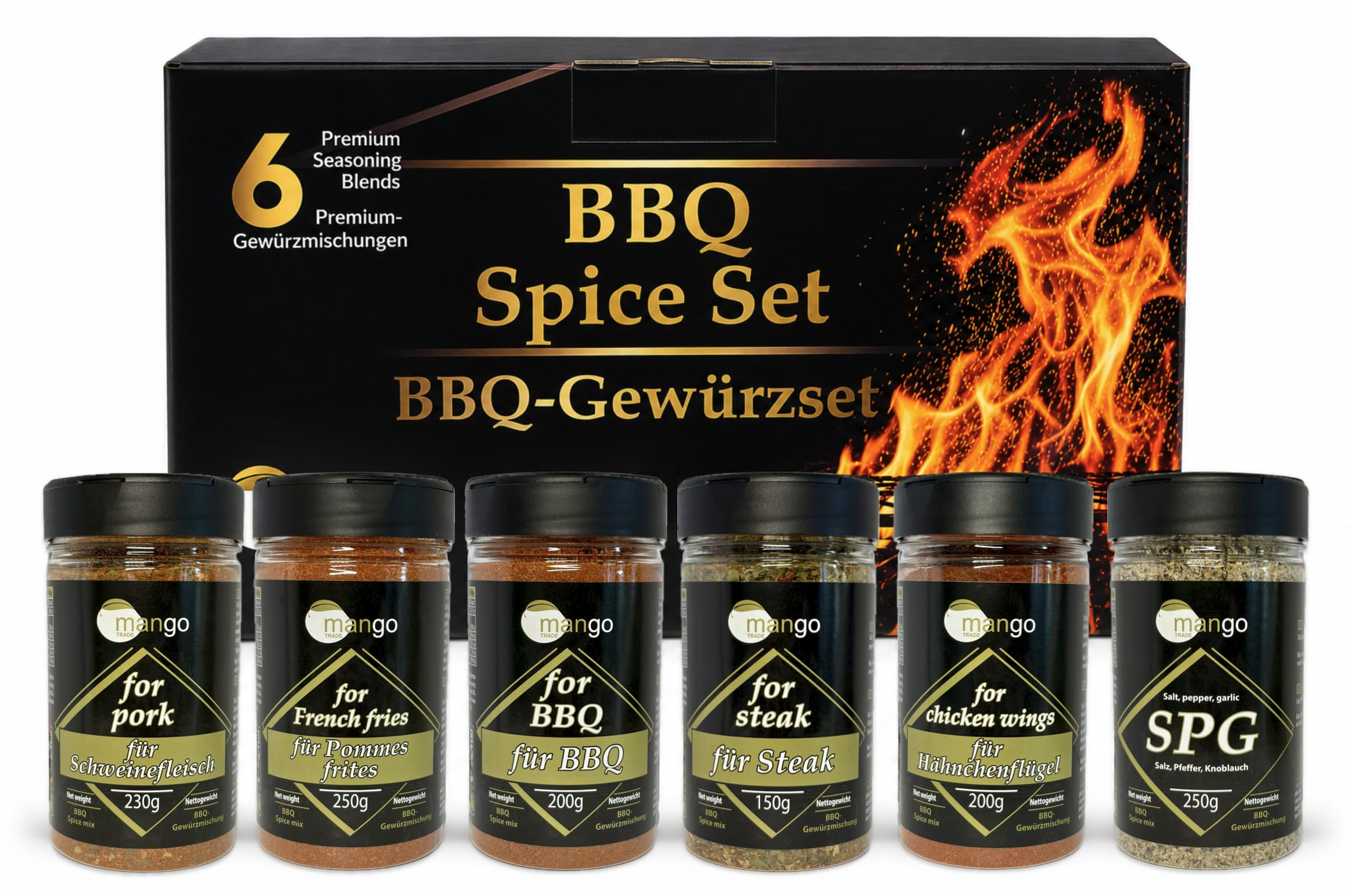 Grillgewürz Geschenkset – 6 Premium Gewürzmischungen für BBQ, Steak, Chicken Wings, Schweinefleisch, Pommes, SPG (Salz-Pfeffer-Knoblauch) – Natürliche Gewürzmischung, ideal als Geschenk für Grillfans