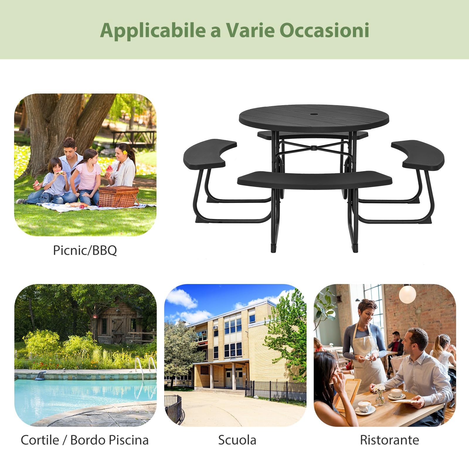 GYMAX Tavolo da picnic all'aperto, tavolo portatile con 4 panche e foro per ombrellone, set da tavolo da picnic rotondo per 8 persone per giardino e terrazzo， 190 x 76 cm (Nero)