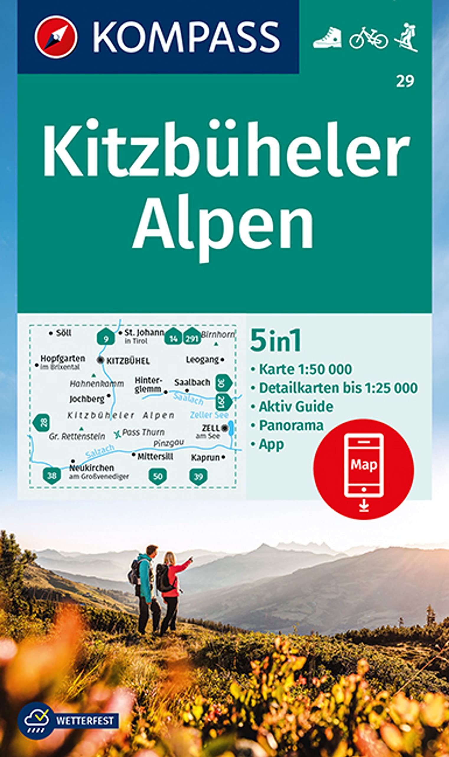 Kitzbüheler Alpen + Aktiv Guide (29): 5in1 Wanderkarte mit Aktiv Guide, Detailkarten und Panorama inklusive Karte zur offline Verwendung in der KOMPASS-App. Fahrradfahren. Skitouren.