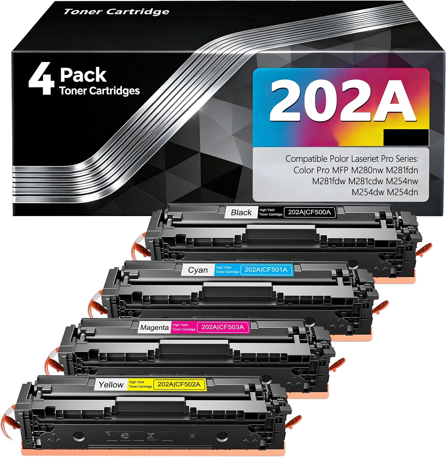 202A Toner Cartridges 4-Pack High Yield Compatible with HP 202A CF500A 202X CF500X for Color LaserJet Pro M281fdw M254dw M281cdw – Black, Cyan, Magenta, Yellow