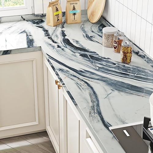 Miniatura 3 de Livelynine Papel tapiz azul y blanco, impermeable, papel de contacto de mármol para encimeras, color azul marino, blanco, envoltura de vinilo para