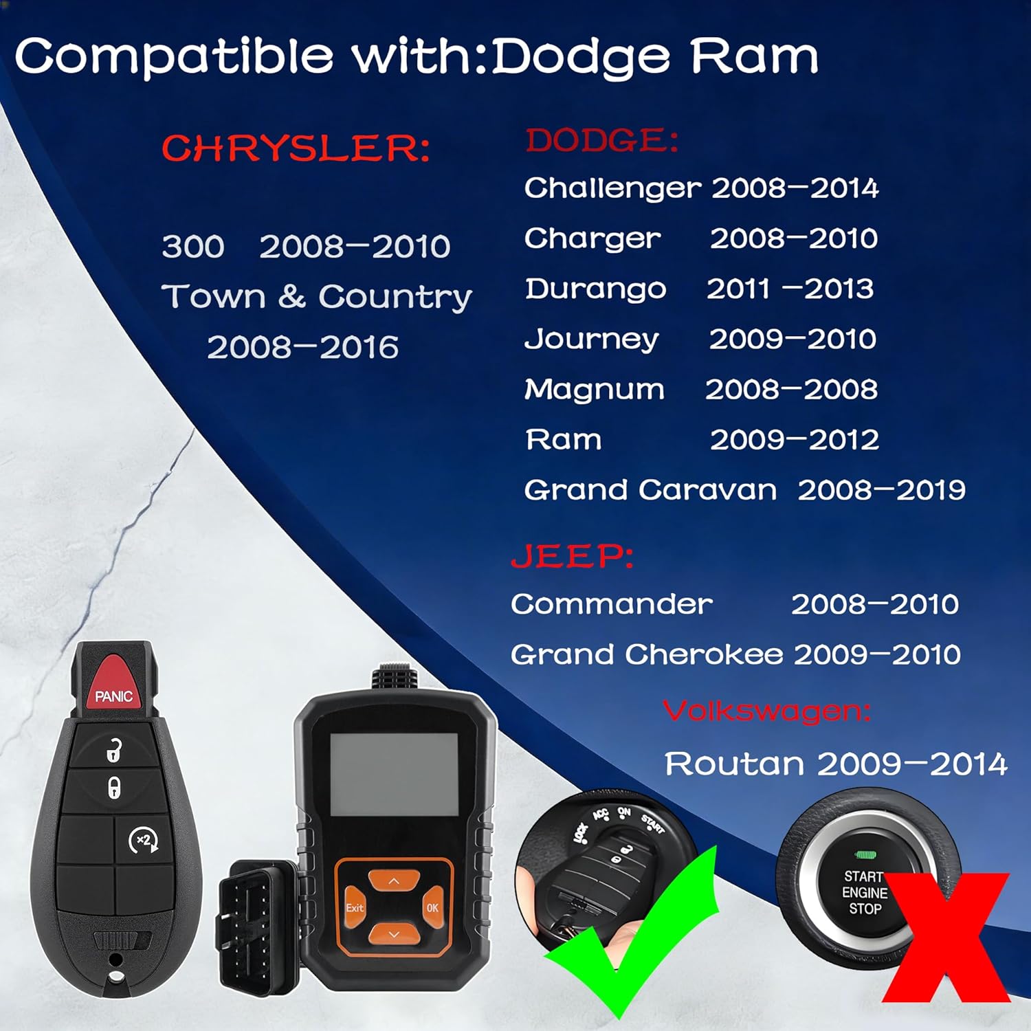 2 PCS IYZ-C01C DIY Remote Key Fob Kit Replacement for Dodge RAM 2008 2009 2010 2011 2012 Grand Caravan Chrysler Town & Grand Cherokee Country Jeep with OBD Tool