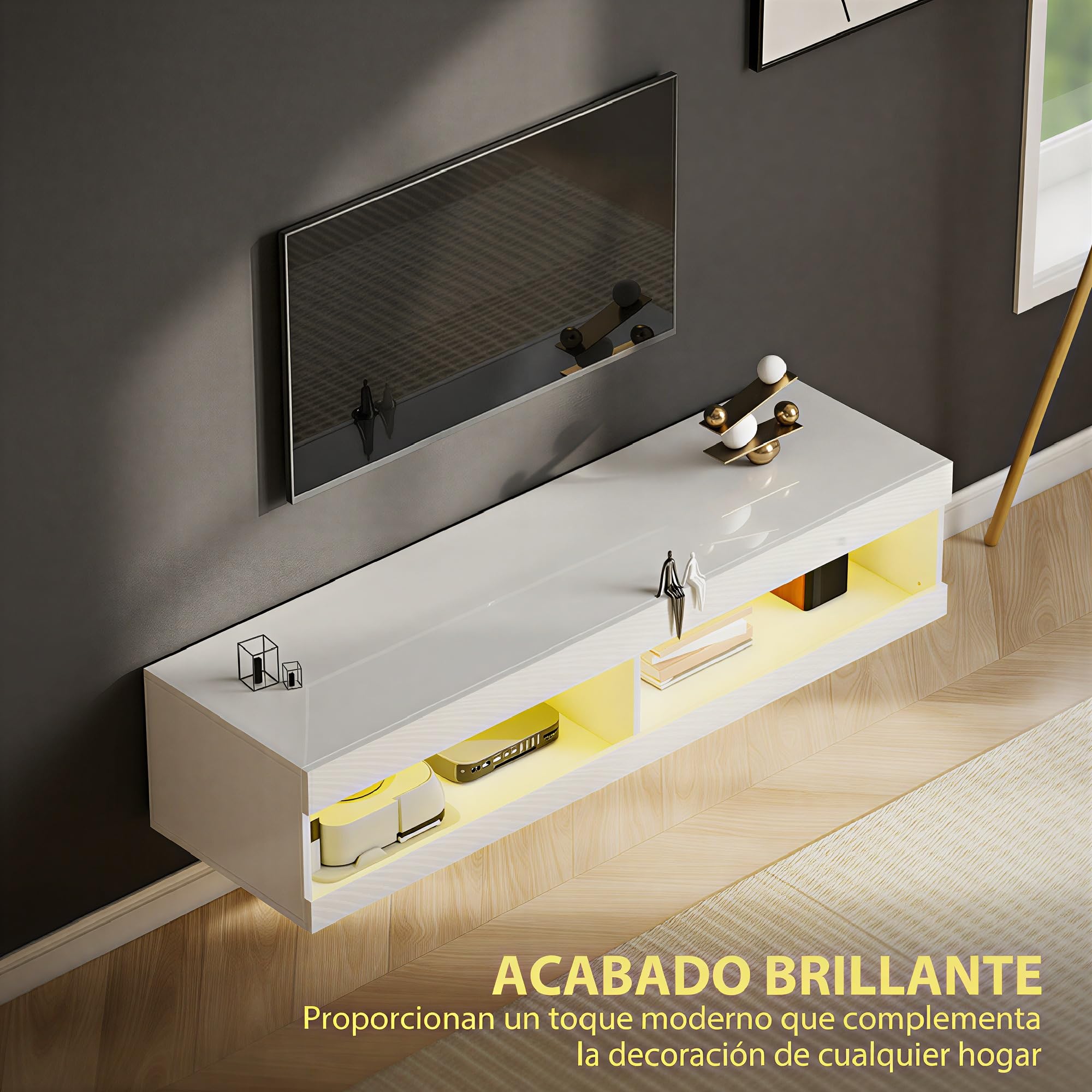 HOMCOM Mueble de TV Suspendido con Luces LED, Compartimentos y Orificios Pasacables, Mueble de TV para Salón con Control Remoto para Televisión 55-60 Pulgadas, 140x40x30 cm, Blanco Brillo