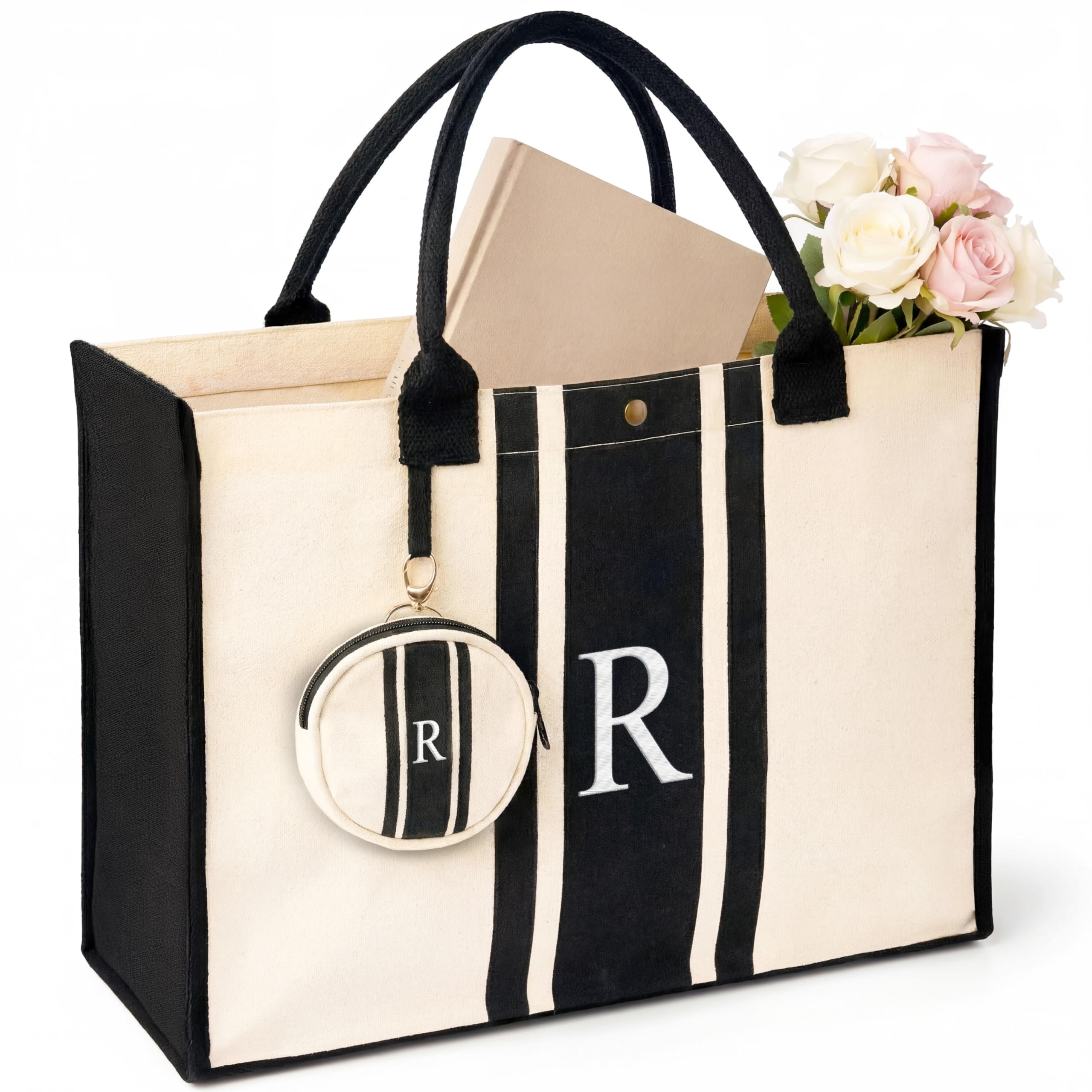 LEAFICO Initial Canvas Tote Bag – Monogrammed Gift for Women | Personalized Letter Tote for Travel Weddings Birthdays