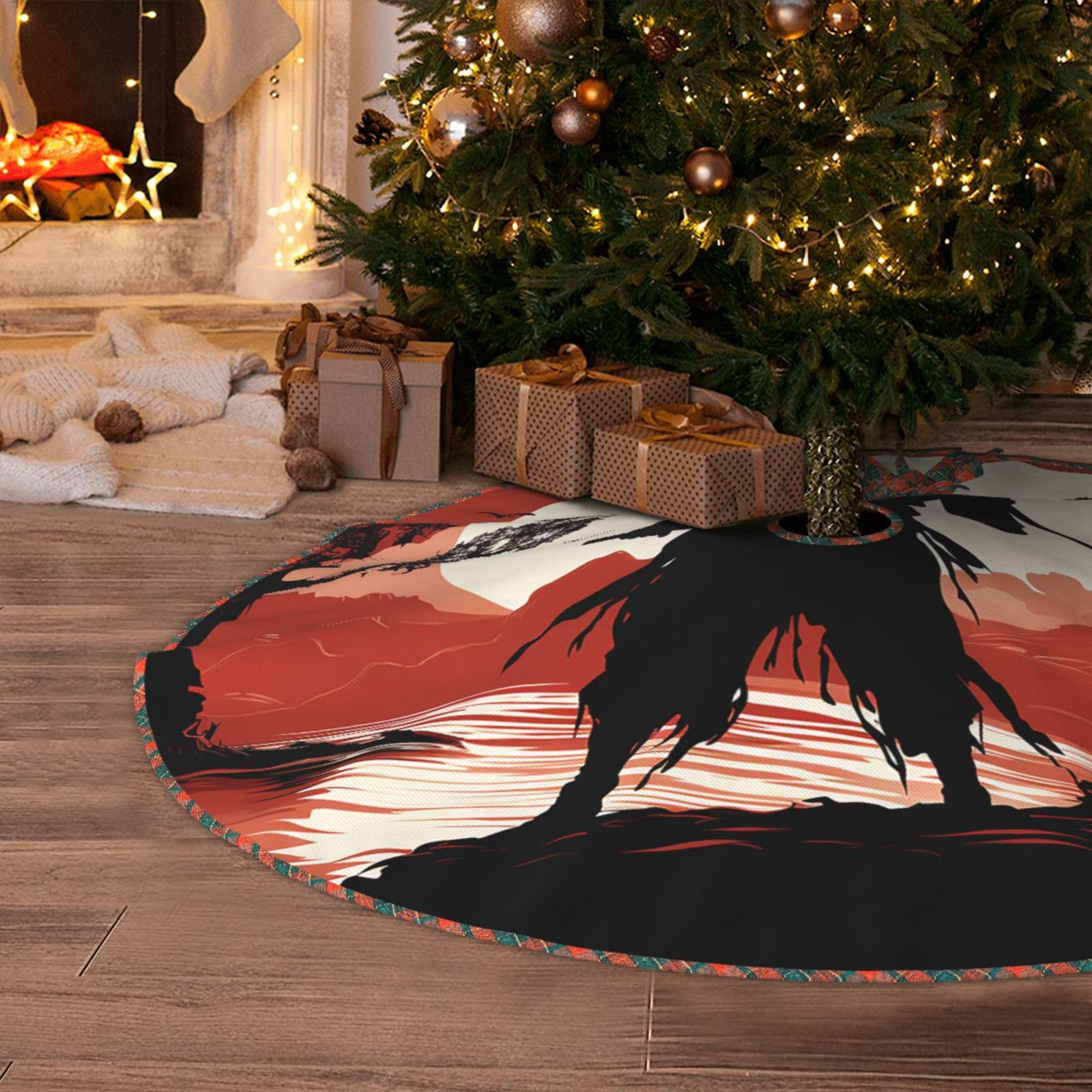 Samurai Christmas Tree Skirt 48" Artificial Tree Mat Cover Merry Christmas Burlap Xmas Tree Skirt for Christmas Decoration Holiday Indoor Outdoor Winter Party Decor