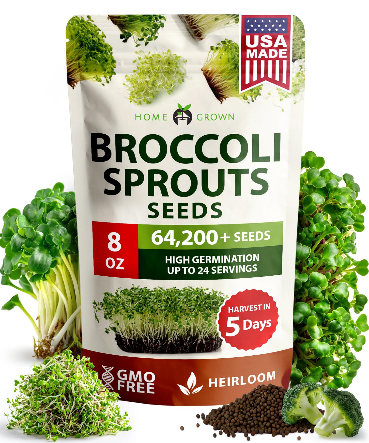 HOME GROWN Broccoli Seeds for Sprouting or Microgreens | Heirloom & Non-GMO | High Germination Sprout Seeds | Nutritious Micro Greens Seeds - Broccoli Sprouts in 5 Days - Sulforaphane Rich