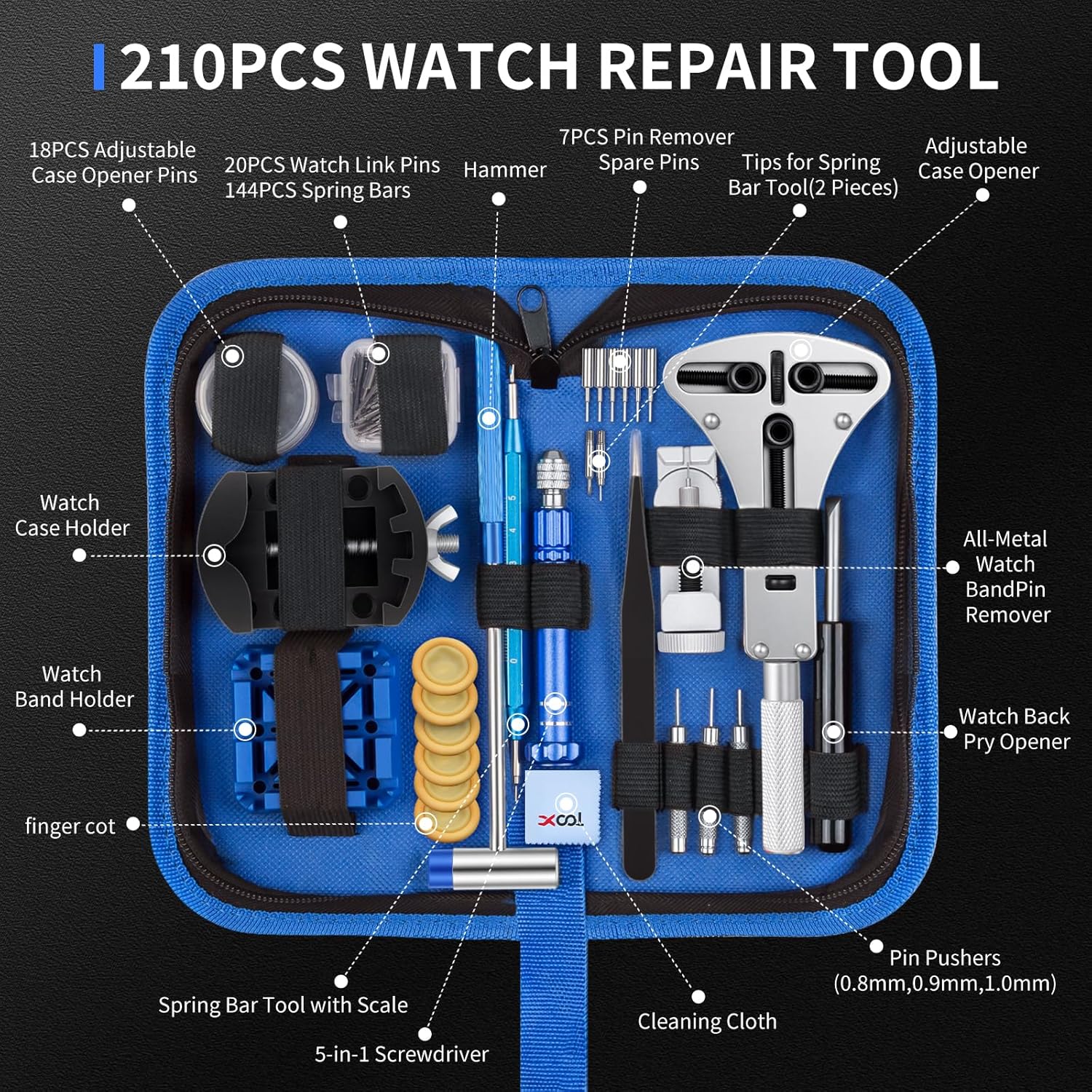 XOOL 210 PCS Watch Repair Kits, Including Watch Battery Change Kit, Watch Case Opener, Link Remover, Spring Bar Tools, Screwdrivers, and Portable Carrying Case with Instruction Manual