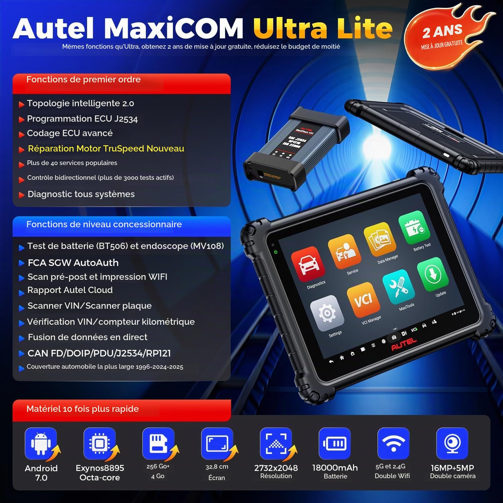 Autel MaxiCOM Ultra Lite Haut Diagnostic Auto Topologie2.0 Mise à Jour 2Ans