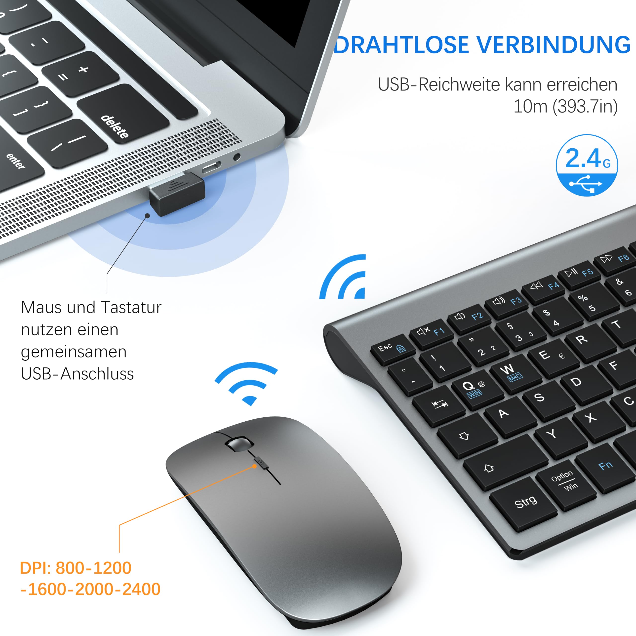 Kabelloses Ultradünnes Tastatur Maus Combo mit Dual System - Grau Schwarz