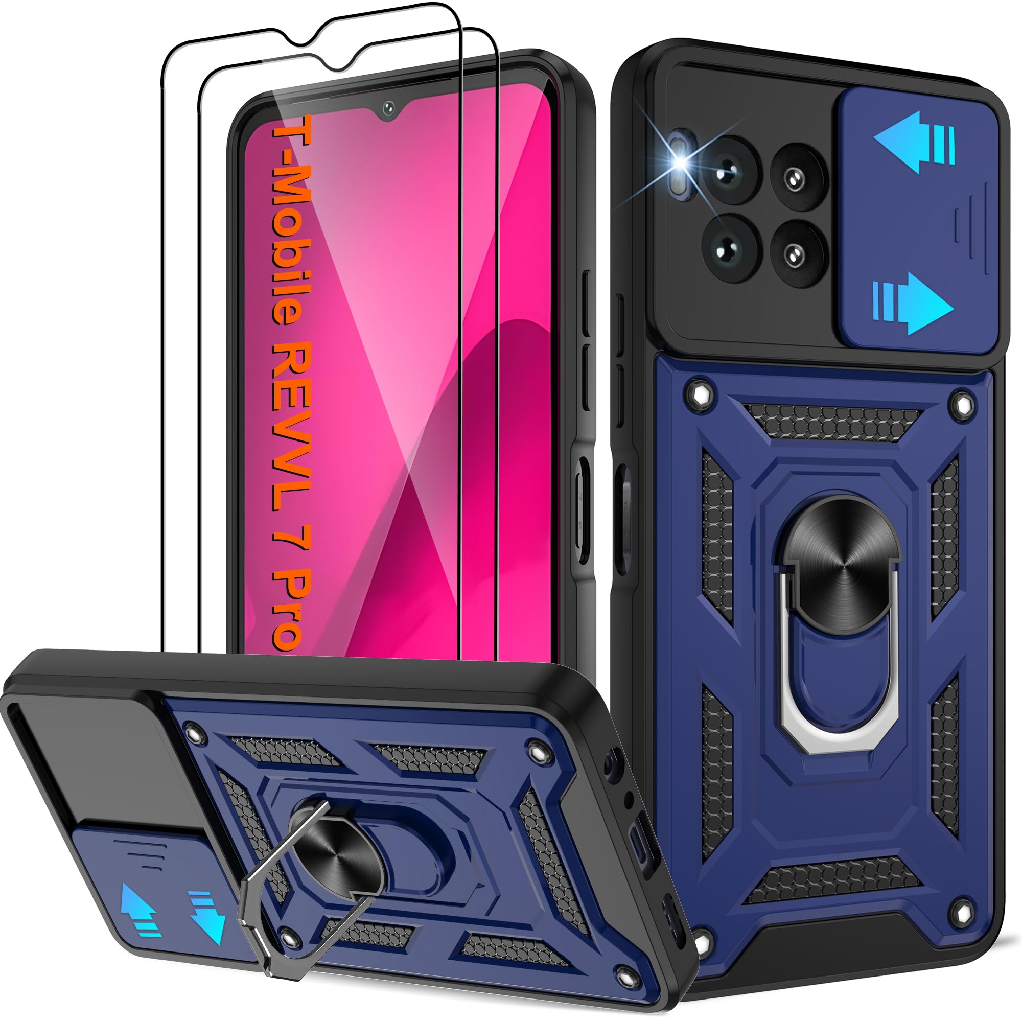 ATUMP for T-Mobile REVVL 7 Pro 5G Case with (2 Pcs) HD Screen Protector, Heavy Duty Shockproof with 360° Rotation Metal Kickstand [Military Grade]