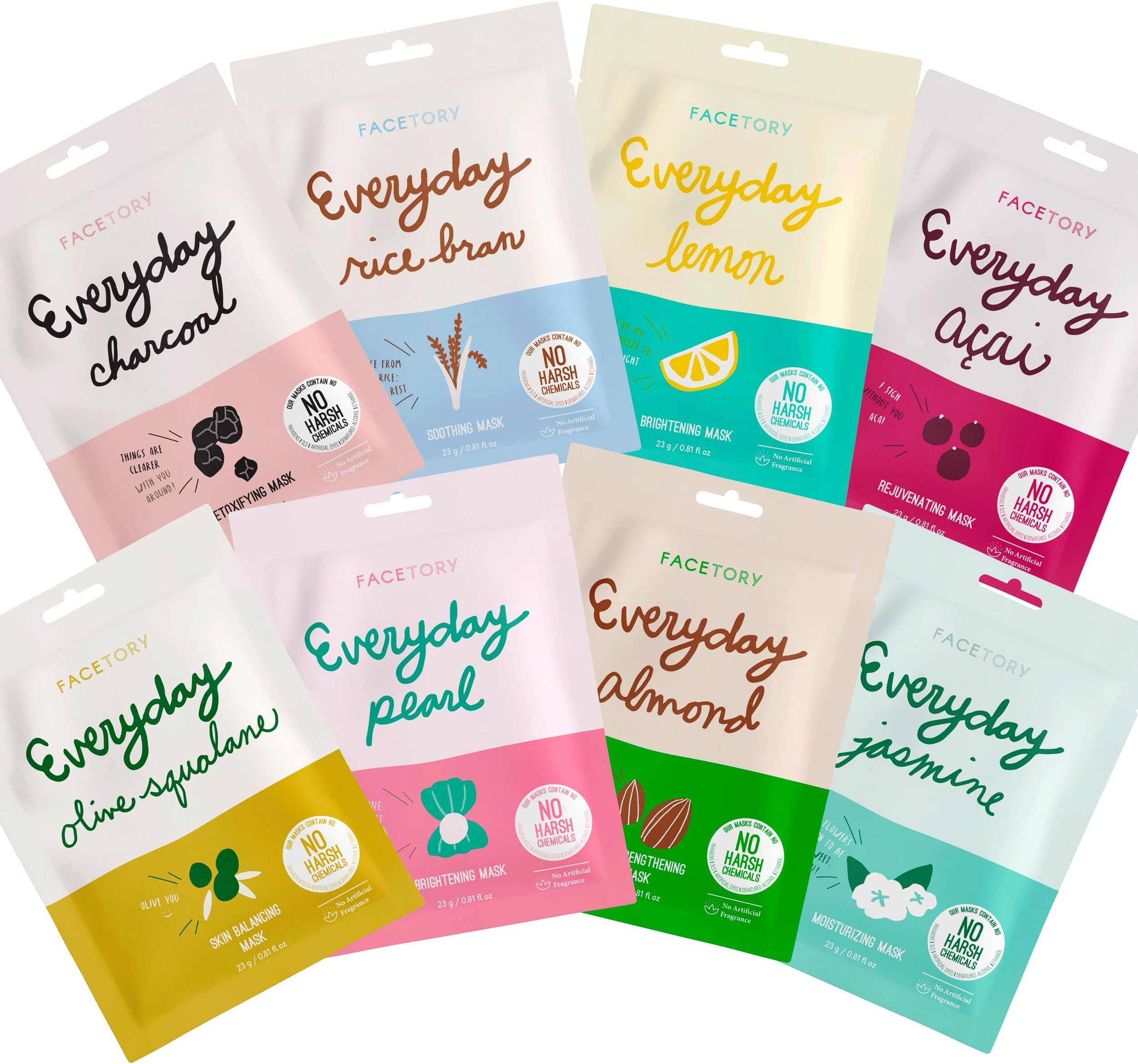 FACETORY K Beauty Face Mask Skin Care - EVERYDAY 8 COLLECTION Sheet Mask Set | Natural Premium Korean Face Mask For All Skin Types - No Sulfates No Parabens (8 pc)
