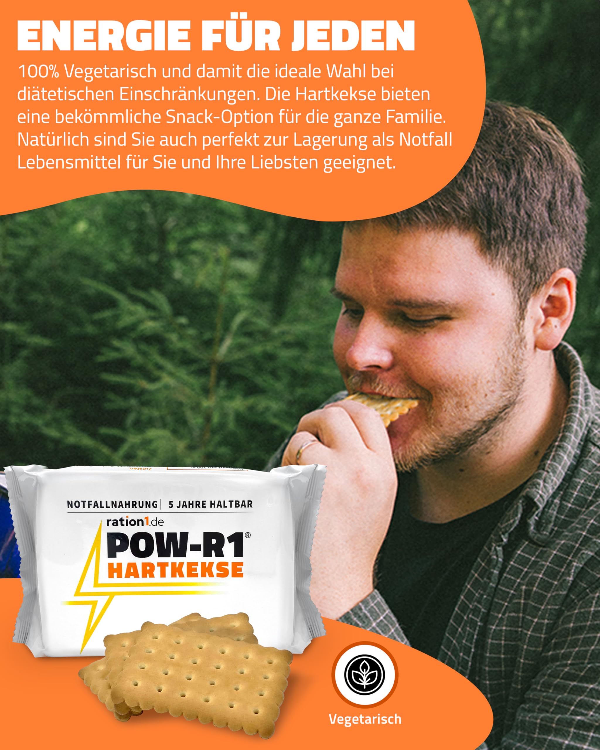 ration1 POW-R1 Hartkekse, 60er Pack, 60 x 155g, Butterkeks Geschmack | Abgepackte Kekse, 14 Plätzchen je Packung, Panzerkekse, Butterkeks-Geschmack, für Outdoor, Camping, Festival und Notfall