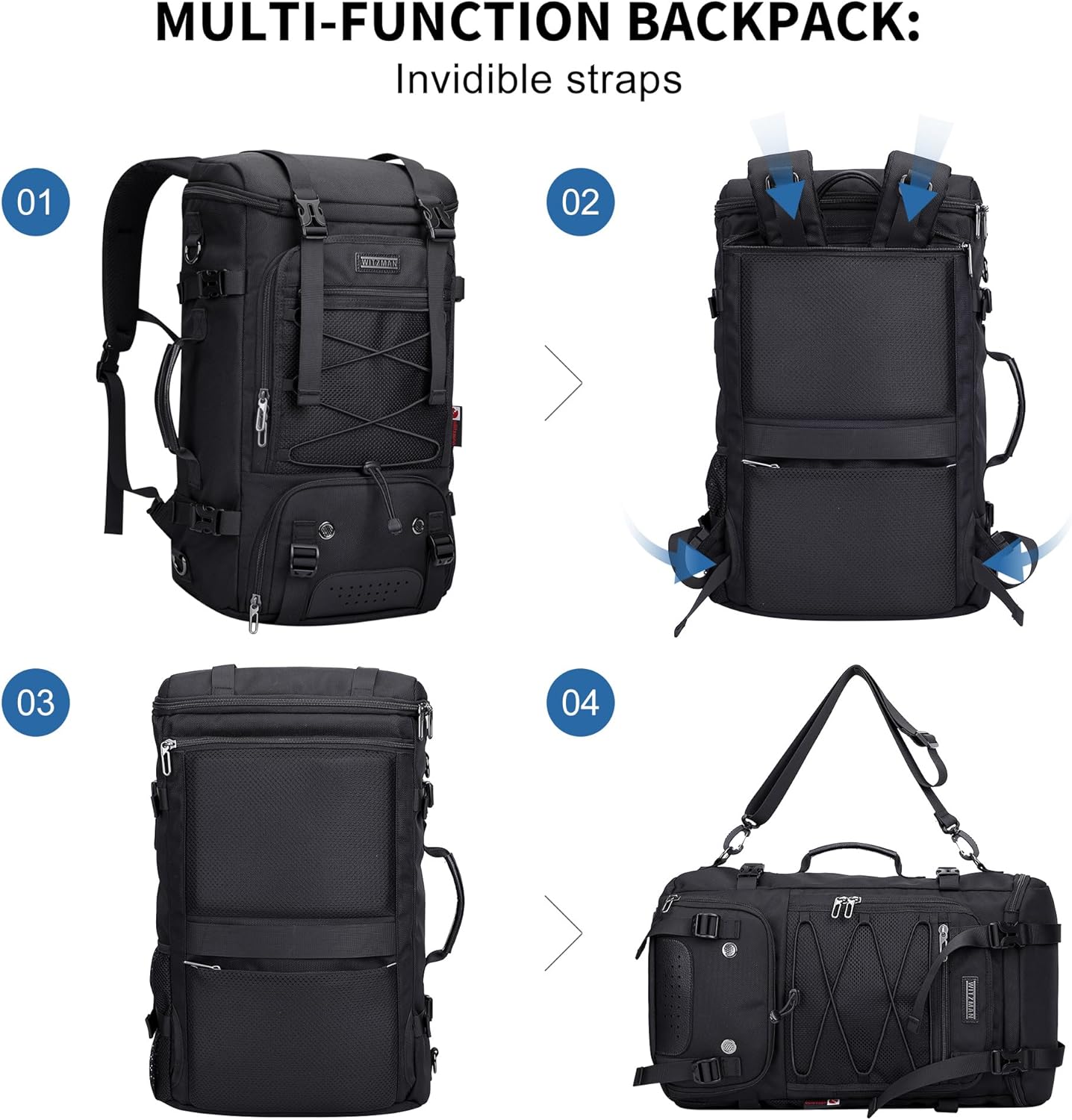 WITZMAN Travel Backpack for Men Large 3 in 1 Convertible Airline Approved Carry-on Luggage Backpack(B715 Black)