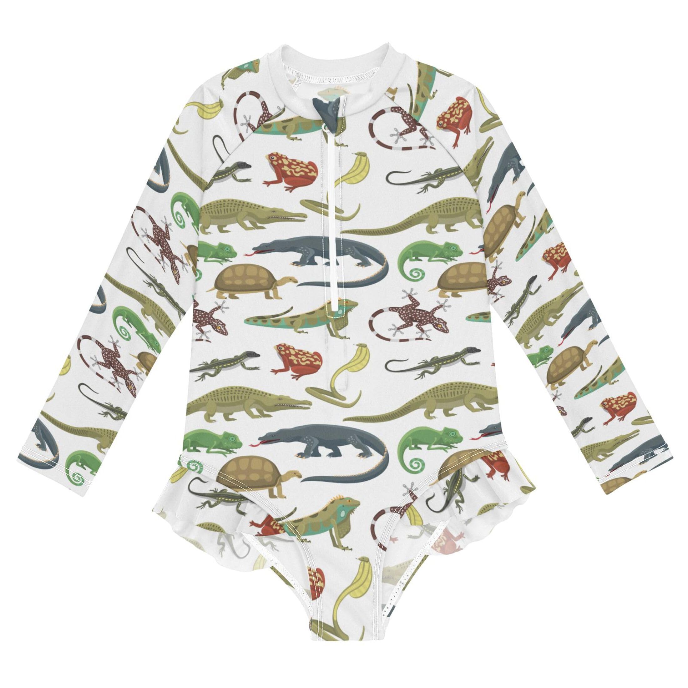 Vozoza Reptiles Animals White Baby Girl Bathing Suit Long Sleeve UPF 50+ One Piece Toddler Swimsuit Size 11-12y
