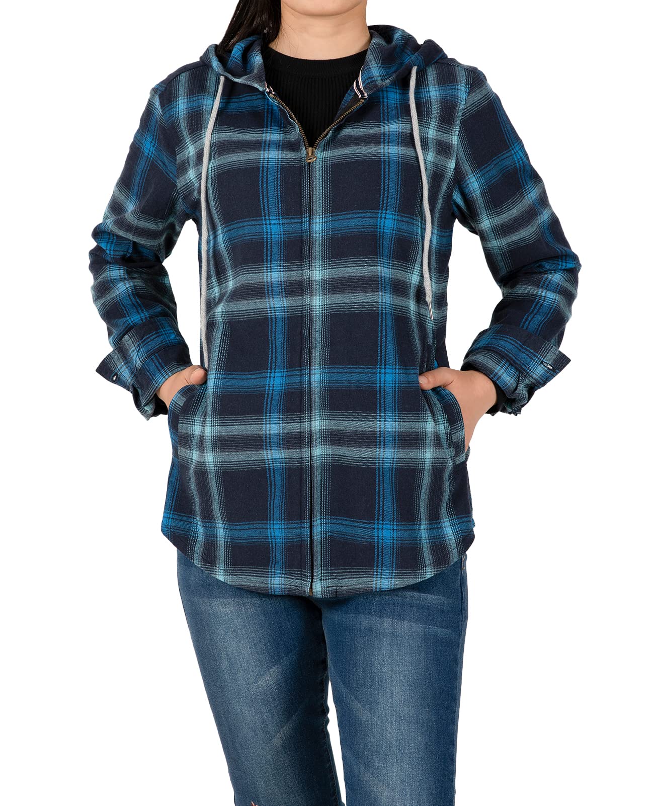 ZENTHACE Womens Sherpa Lined Flannel Jacket Full Zip Up Hooded Flannel Plaid Shirt Jacket with Side Pockets