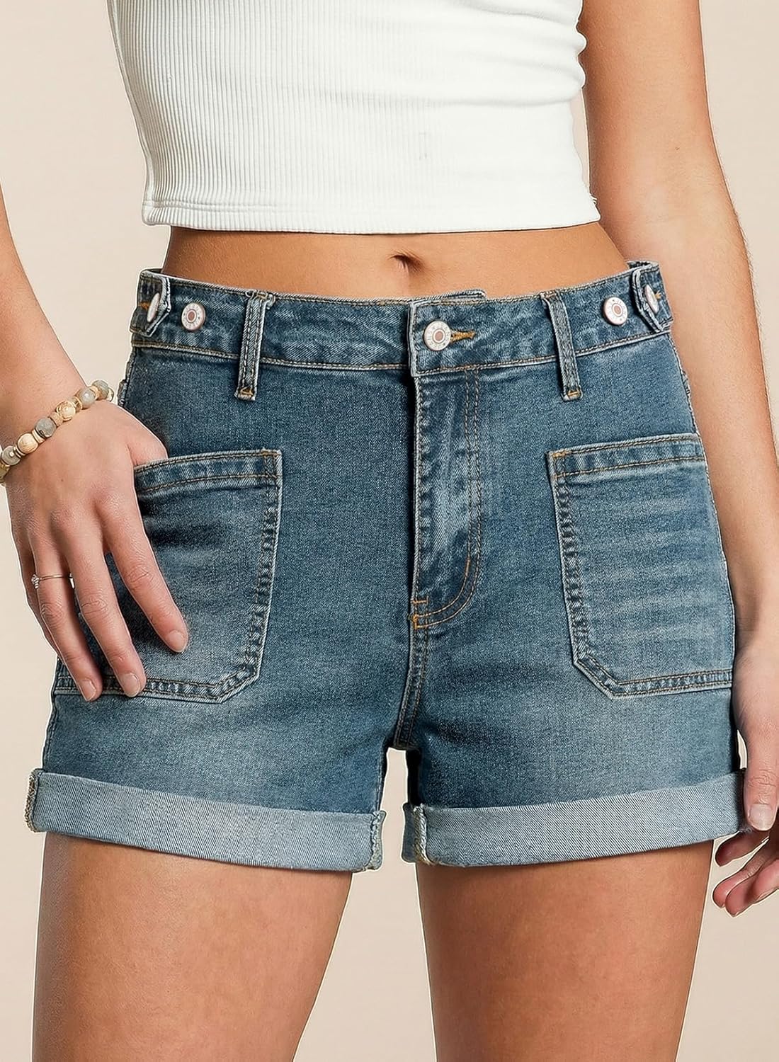 Astylish Womens Jean Shorts Casual Buttoned High Waisted Stretchy Patch Pocket Trendy Cuffed Denim Shorts - Image 6