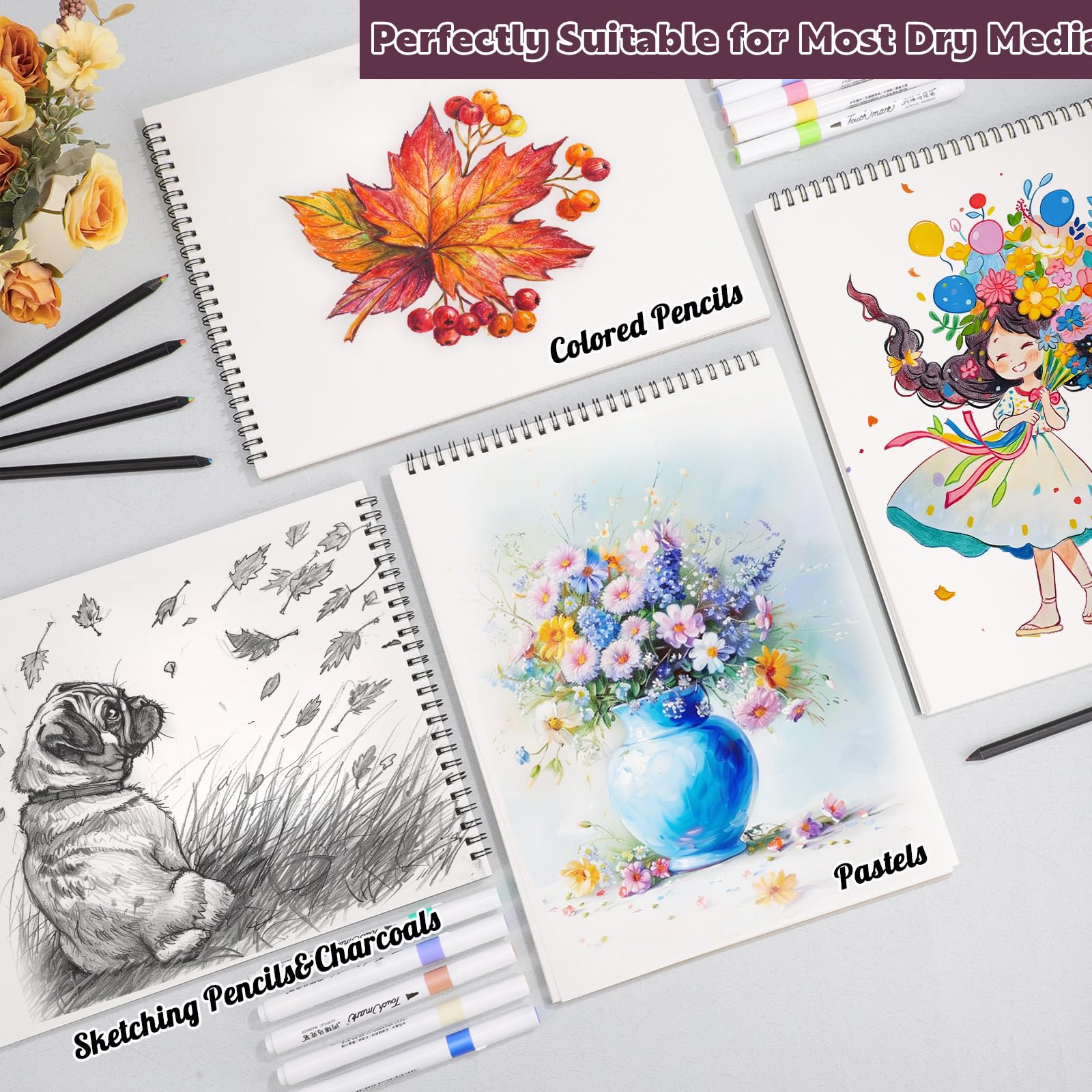 Confezione da 4 quaderni da disegno, 22,9 x 30,5 cm, 30,8 kg/100 g/m², rilegatura a spirale, senza acidi, forniture artistiche per disegno, pittura, schizzi, carta per principianti e artisti (rosa)