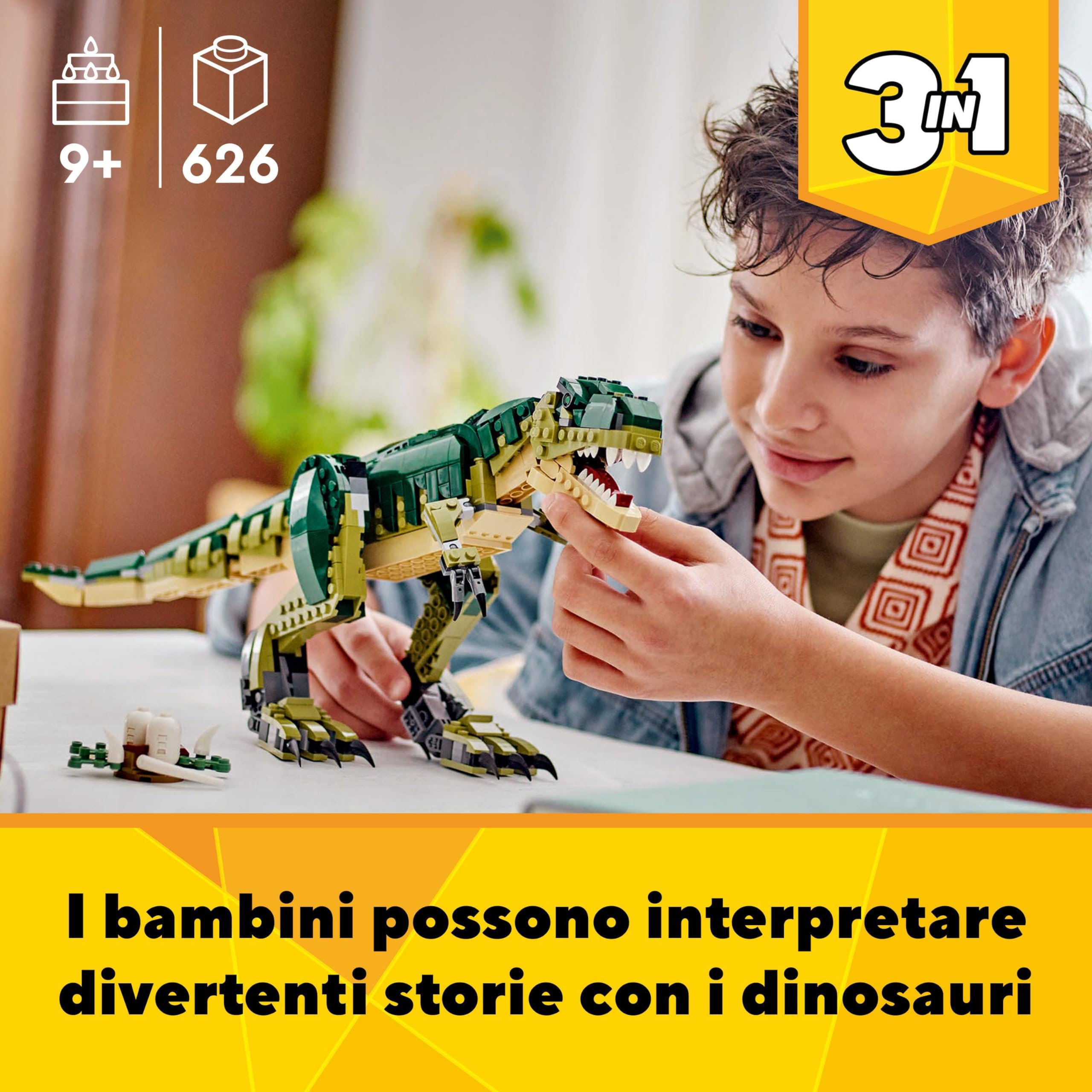 LEGO Creator 3 in 1 T. Rex, Dinosauro Giocattolo Trasformabile in 3 Modellini Snodabili come Triceratopo e Pterodattilo, Giochi per Bambini e Bambine da 9 Anni, Idea Regalo di Compleanno 31151