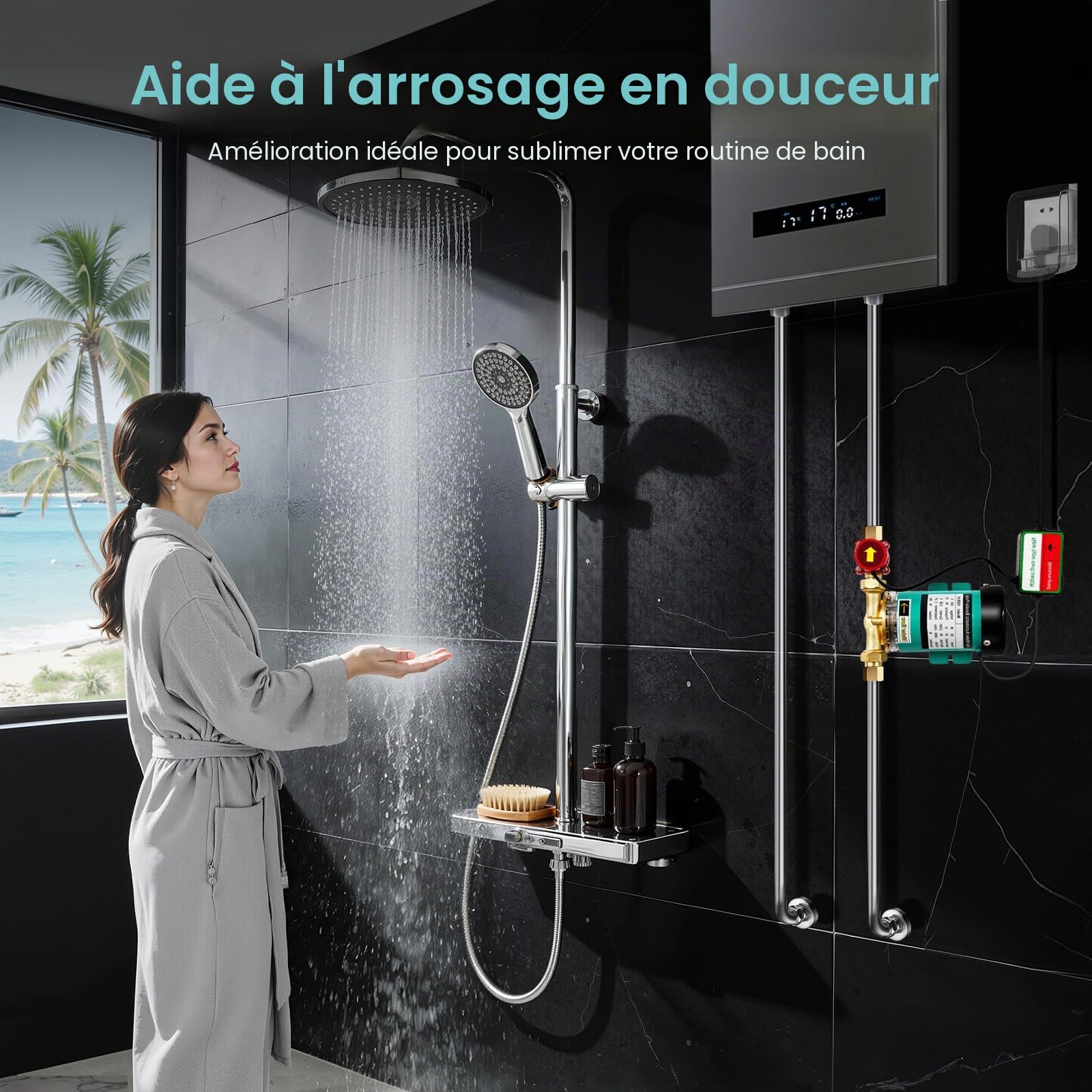 Pompe Pression Eau, Surpresseur Maison 90W, Booster Automatique 220V, Corps Laiton, Pressurisation Instantanée, Douche, Chauffe-Eau, Piscine, Silencieuse IP46, Détection Débit, 20L/min, 10m