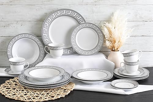 Miniatura 3 de Juego de vajilla para 4 personas – Juego de vajilla de porcelana fina plateada sobre blanco de 20 piezas para todos los días y ocasiones formales