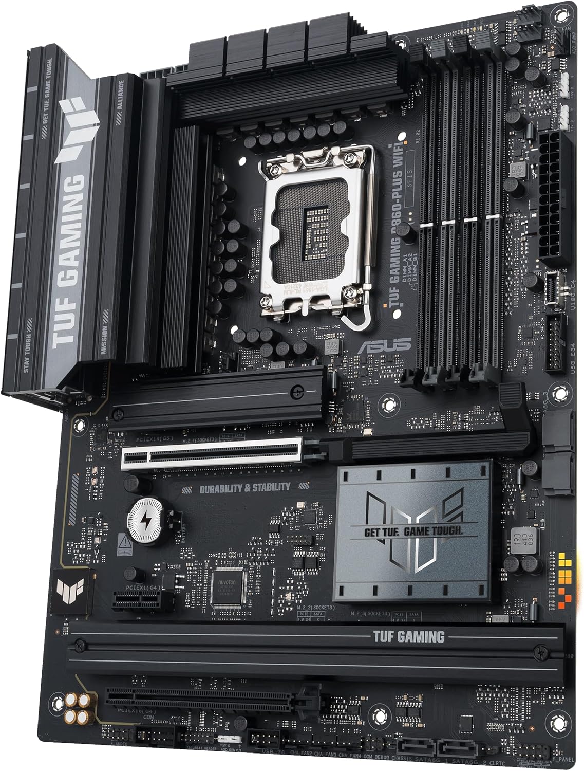 ASUS TUF GAMING B860 PLUS WIFI Intel ATX Motherboard, 12+1+2+1 80A DrMOS Power Stage, DDR5, PCIe 5.0, 3xM.2 Slots, WiFi 7, 2.5Gb Ethernet, DisplayPort, USB 20Gbps Type-C with DP Alt Mode