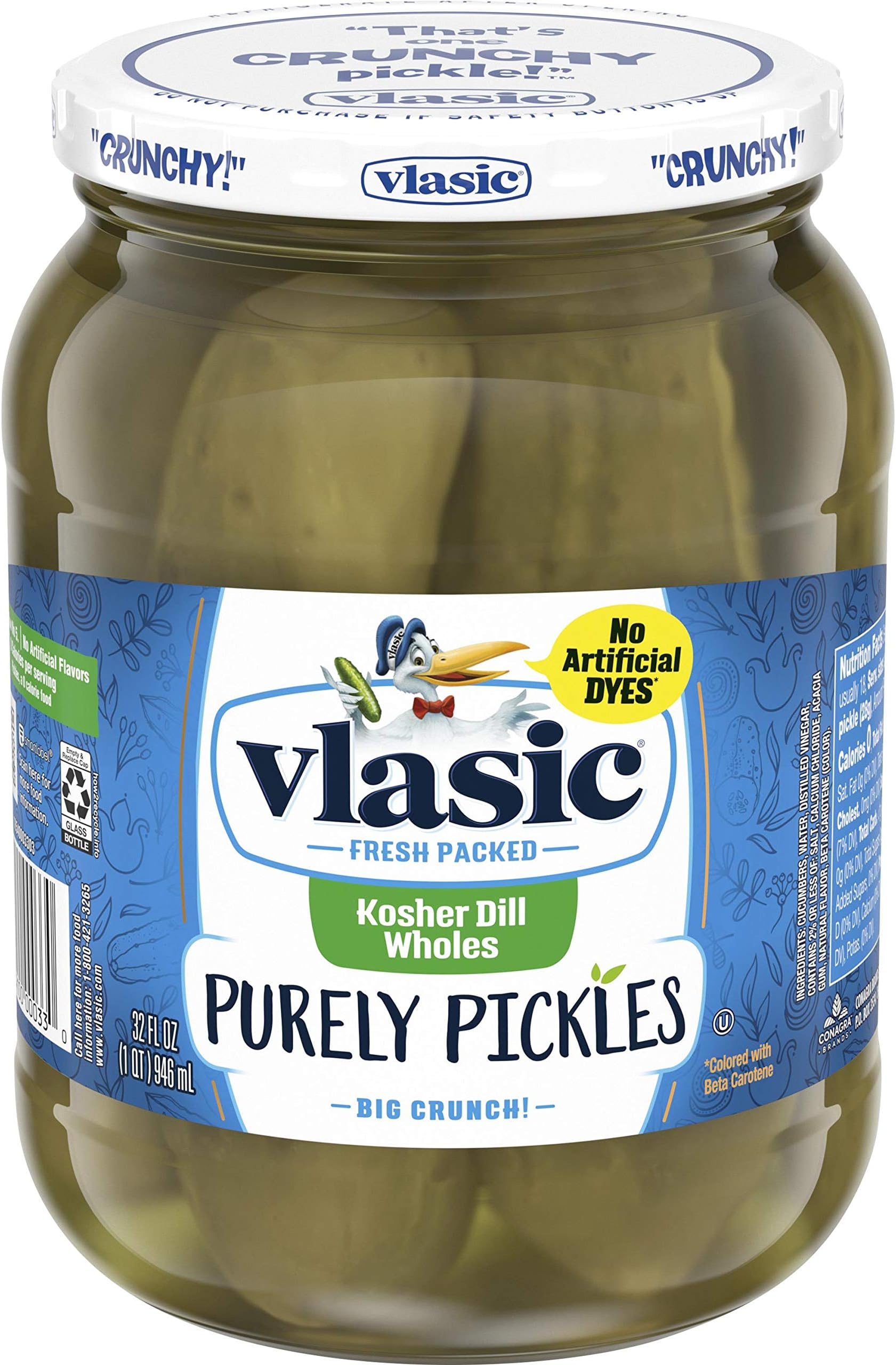 Vlasic Purely Pickles Whole Kosher Dill Pickles, Keto Friendly Snacks and Toppings, 6 - 32 FL OZ Jars