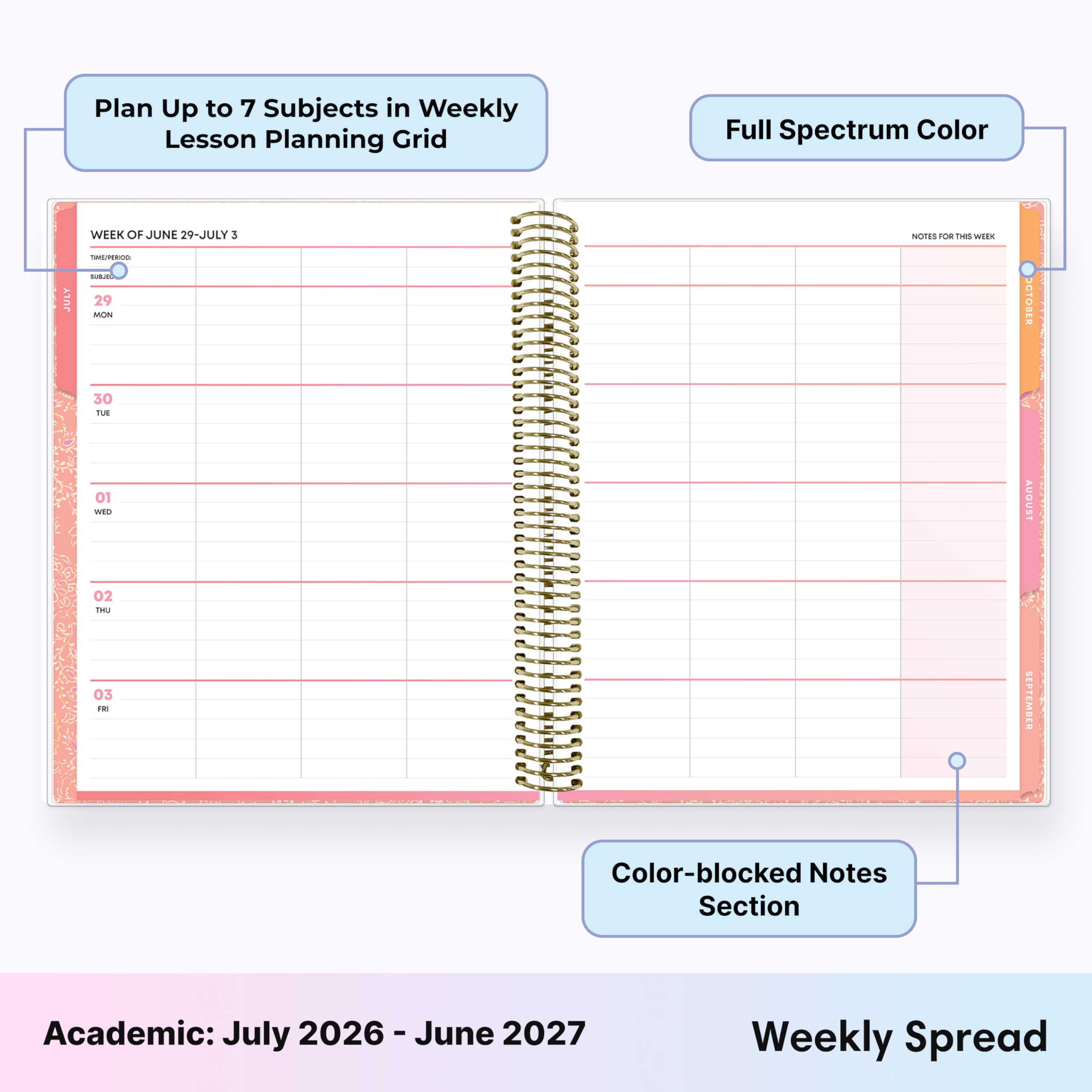 Blue Sky Teachwell 2026-2027 Wochen- und Monatsplaner für das akademische Jahr, Lehrer-Unterrichtsplaner, Kalender Juli 2026–Juni 2027, 21,6 x 27,9 cm, flexibler Einband, robuste Spiralbindung, bunte