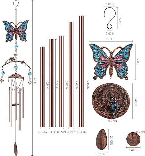 Miniatura 7 de Campanillas de viento de mariposa  Campanillas de viento para exterior de tono profundo de 34 pulgadas, 5 tubos de aluminio, regalos de mariposa de