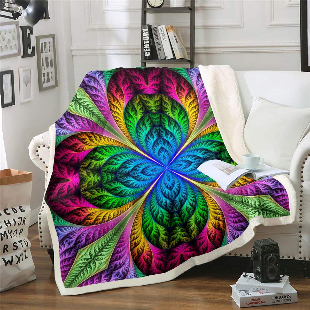 Loussiesd Boho Mandala Plush Blanket Bohemian Style Fleece Sherpa Blanket for Chair Sofa Couch Women Hippie Psychedelic Mandala Decor Throw Blanket Colorful Exotic Floral Single 50"x60"